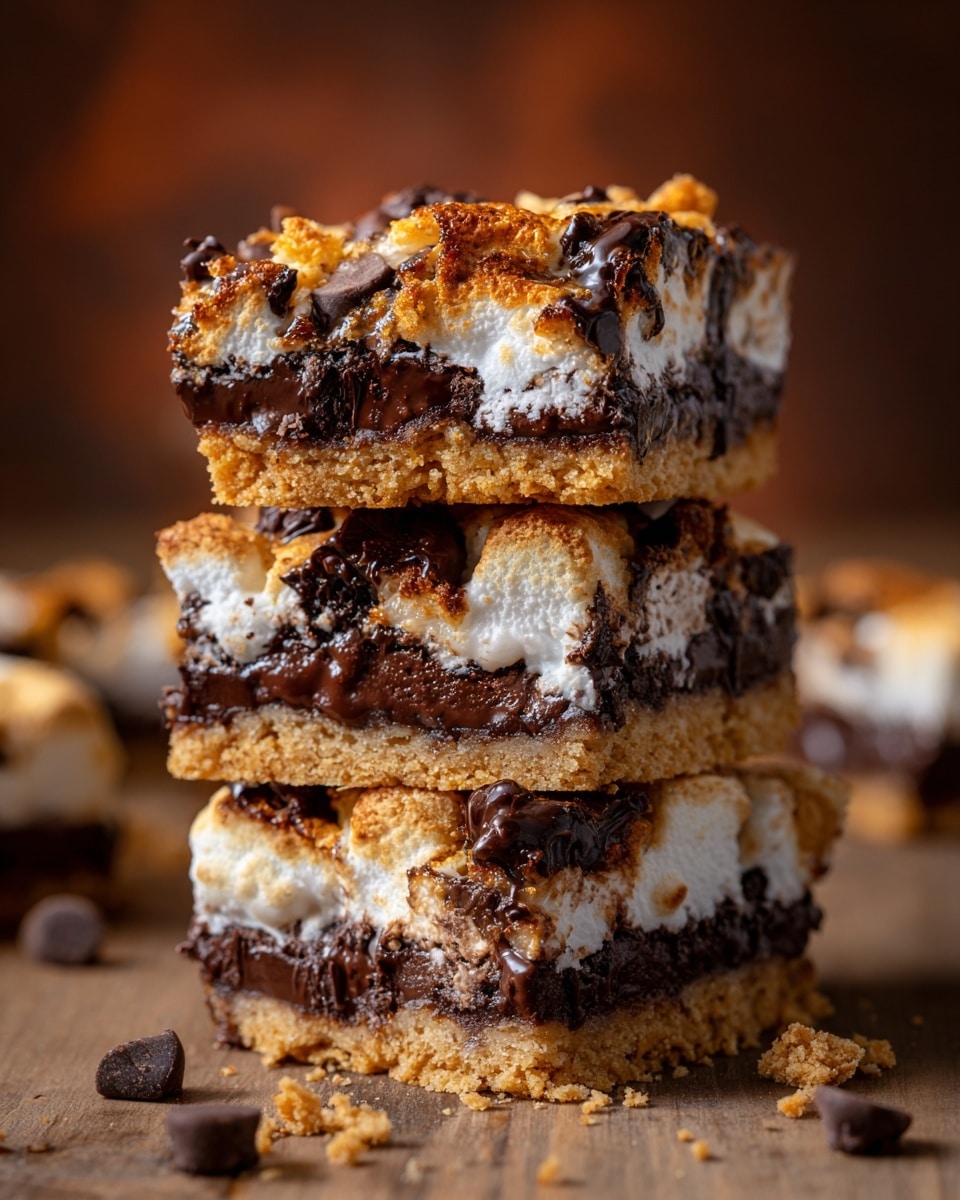 A close-up image shows a stack of four thick square bars, each bar featuring three main layers: a bottom layer of golden, crumbly biscuit pieces; a middle layer filled with melted dark chocolate chunks; and a top layer of light, melted marshmallow that is slightly browned and sticky, with some chocolate chips visible. The bars are placed on a wooden surface with some crumbs scattered around. The background is blurred with warm brown tones, giving a cozy feel. Photo taken with an iphone --ar 4:5 --v 7