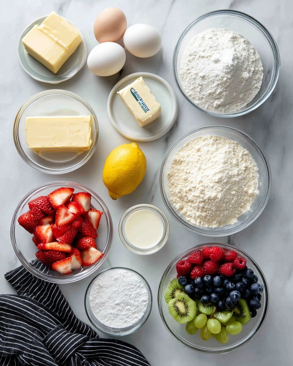 The image shows twelve separate ingredients arranged neatly on a white marbled surface. At the top left, a stick of butter is placed next to two white eggs in a small clear glass bowl. To the right, a larger clear glass bowl holds white sugar, followed by another large bowl filled with white flour below it. Beneath the eggs is a small bowl of vanilla liquid, and next to it sits a whole yellow lemon along with a smaller bowl of white powder, likely baking powder. Below these, a rectangular package of cream cheese lies beside a small glass of cream. At the bottom left, powdered sugar fills a small bowl. Two small clear bowls contain bright fresh fruit slices—the left bowl has red and green sliced strawberries and kiwi, and the right bowl holds an assortment of whole berries, including blueberries, raspberries, and green and red grapes. A black and white striped cloth is tucked on the left side. Photo taken with an iphone --ar 4:5 --v 7