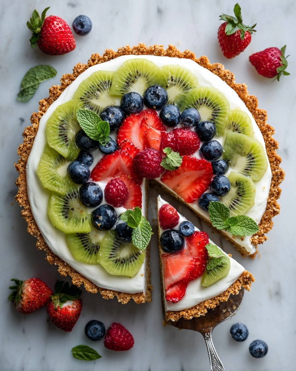 A round tart has four layers: the bottom layer is light golden brown crust with a crumbly texture, the second layer is creamy white filling spread evenly over the crust, the third layer is a ring of halved red strawberries with their inner bright red flesh showing, arranged near the edge, alternating with bright green curved slices of kiwi with black seeds, the fourth layer has concentric circles made of fresh blueberries and red raspberries scattered between the strawberries and kiwis, with a cluster of blueberries and strawberries in the center; two slices are cut and one has a silver pie server lifting it slightly, all placed on a white marbled texture surface scattered with strawberries, blueberries, and green mint leaves photo taken with an iphone --ar 4:5 --v 7
