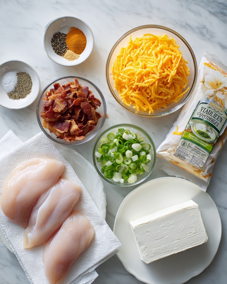 The image shows various ingredients neatly arranged on a white marbled surface. Starting from the top left, there is a small white bowl filled with black pepper, beside it a small white bowl with a light orange powder, and to the right, a small clear bowl full of shredded cheddar cheese with a bright orange color. Below these, a clear bowl holds crumbled cooked bacon that is dark reddish-brown, next to a small clear bowl of sliced green onions with a fresh green color. At the bottom left, three raw chicken breasts lay on a white paper towel, showing their light pink texture. To the right, a white plate holds a block of cream cheese with a smooth, soft white texture. Also present is a packet of Hidden Valley Ranch seasoning positioned near the bowls. The setting is well-lit, emphasizing the fresh and colorful ingredients. photo taken with an iphone --ar 4:5 --v 7