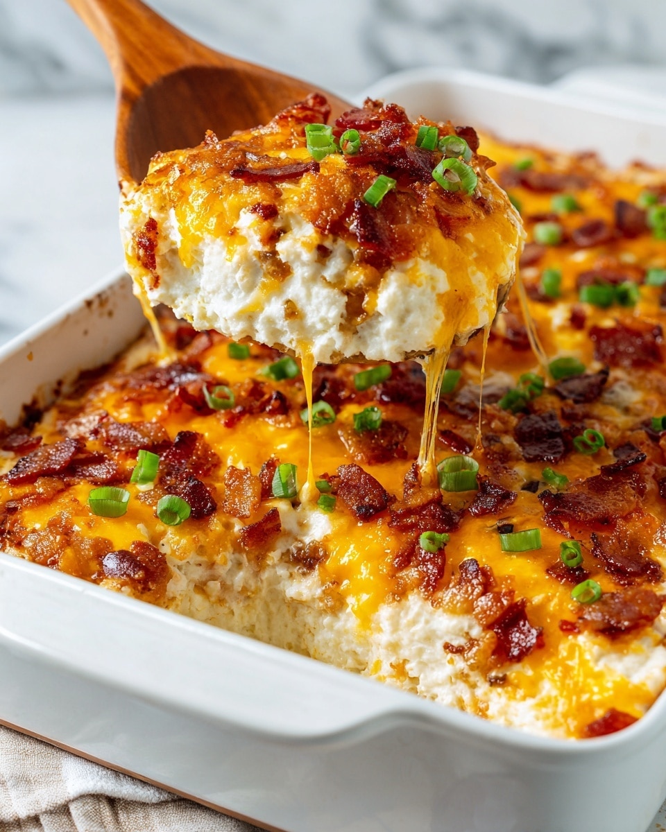 The image shows a white baking dish filled with a layered casserole. The bottom layer is a soft, light-colored mixture that looks creamy and moist. Above that is a generous layer of melted yellow and orange cheese, slightly browned and bubbly on top. Scattered over the cheese are small, crispy bacon pieces and sprinkled green onions, adding color contrast. A wooden spoon is scooping a portion of the casserole from the dish, pulling up some of the melted cheese in strings. The background has a white marbled texture. photo taken with an iphone --ar 4:5 --v 7
