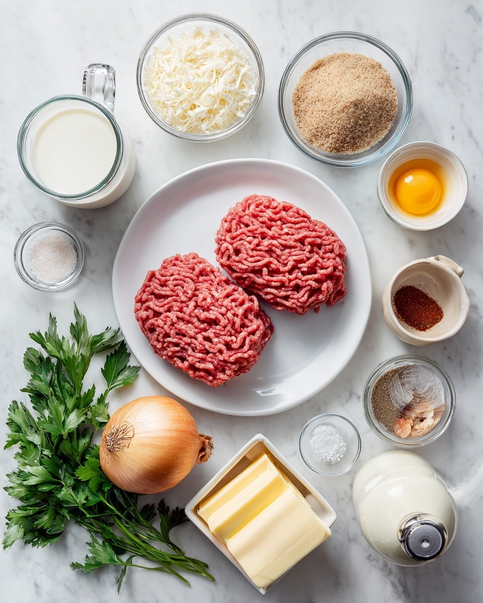 The image shows ingredients neatly placed on a white marbled surface, including a white plate in the center with two oval-shaped raw ground meats, one slightly lighter pink and the other a darker red. Around the plate are various small glass bowls and containers: one with light brown breadcrumbs, a small one with white salt and black pepper, a glass with milk, and others with dairy cream and yellow butter sticks. Near the plate, there is a whole yellow onion, a garlic bulb, fresh green parsley leaves, a small jar of red spice, a bottle of Worcestershire sauce, a carton of beef stock, and a jar of mustard. An egg is placed near the salt and pepper bowl, all arranged carefully on the white marbled texture. photo taken with an iphone --ar 4:5 --v 7