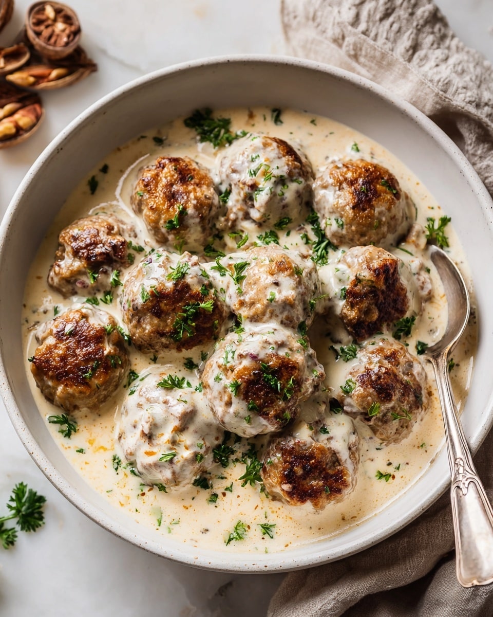 A white bowl filled with about ten meatballs covered in a thick creamy white sauce, with some green parsley leaves sprinkled on top of the meatballs for garnish. The meatballs have a browned and slightly crispy texture in some areas, peeking through the sauce. A spoon with a thin handle rests inside the bowl on the right side, partly submerged in the sauce. The bowl is set on a white marbled surface with a soft, blurred background and some pieces of nutmeg and a piece of cloth partially visible. The overall image has a warm, inviting look. photo taken with an iphone --ar 4:5 --v 7