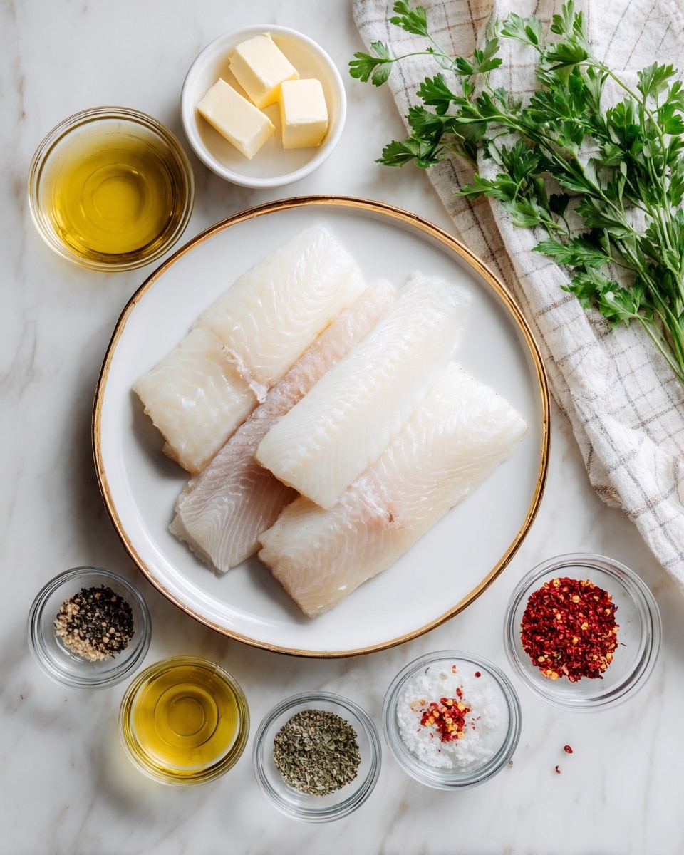 The image shows a round white plate with a gold rim holding four pieces of raw white fish fillets arranged in a slightly overlapping manner. Below the plate and spread around it are several small clear bowls and dishes containing various ingredients: two small cubes of butter in a white bowl, a small glass bowl with a clear liquid, a bowl with minced garlic, another with olive oil, and several small round bowls containing different spices like black pepper, salt, red powder, dried herbs, garlic powder, and red chili flakes. At the right edge, part of a checkered white cloth and fresh parsley leaves can be seen. Everything is placed on a white marbled surface photo taken with an iphone --ar 4:5 --v 7