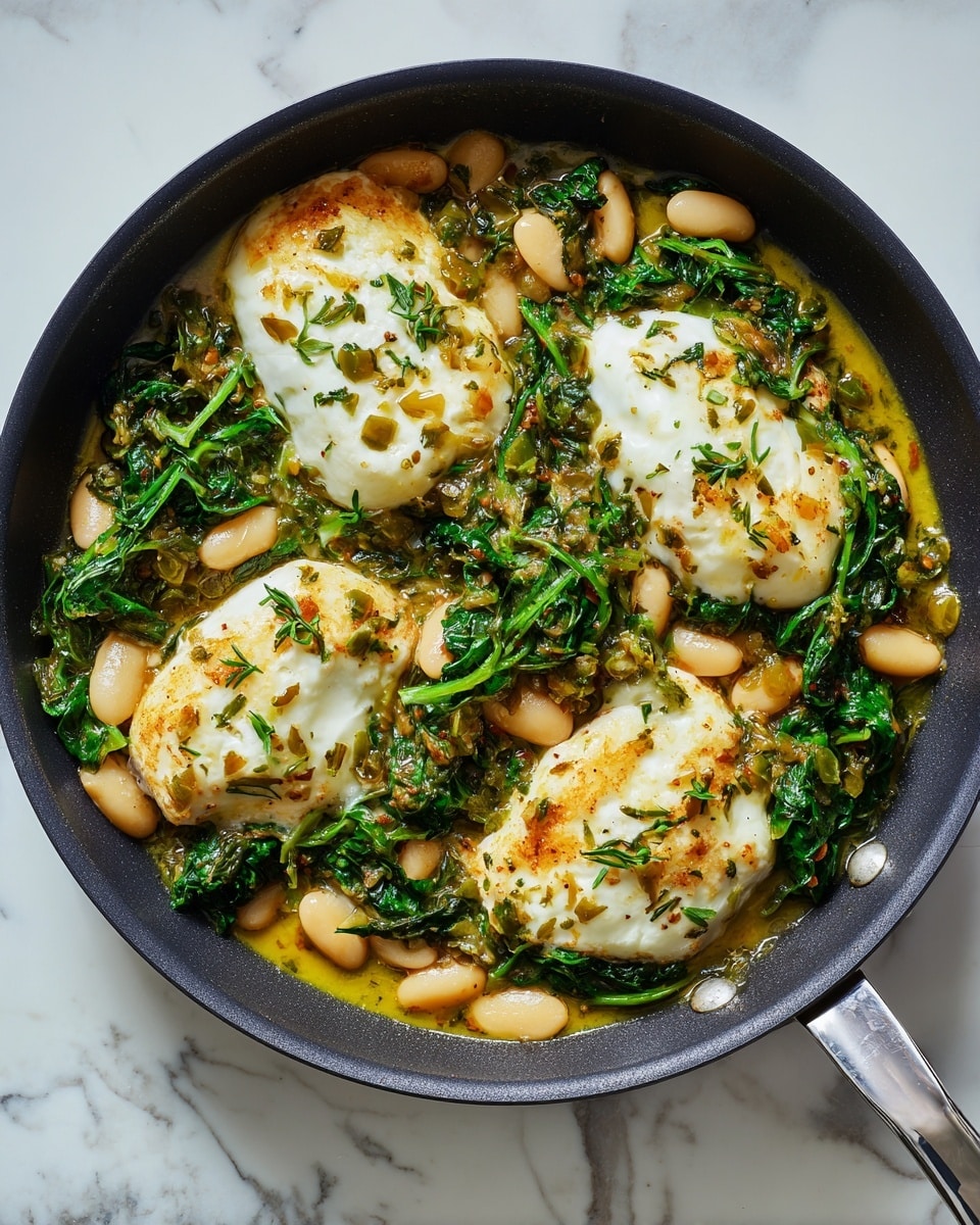 The image shows a black frying pan filled with a cooked dish placed on a white marbled surface. The dish has four main white cheese pieces scattered on top, soft and slightly melting. Beneath the cheese, there are large pale yellow beans mixed with green leafy vegetables that look soft and wilted. The dish is covered in a thin yellowish sauce, with small bits of herbs sprinkled over the cheese. The pan handle is silver and points towards the bottom right corner. photo taken with an iphone --ar 4:5 --v 7