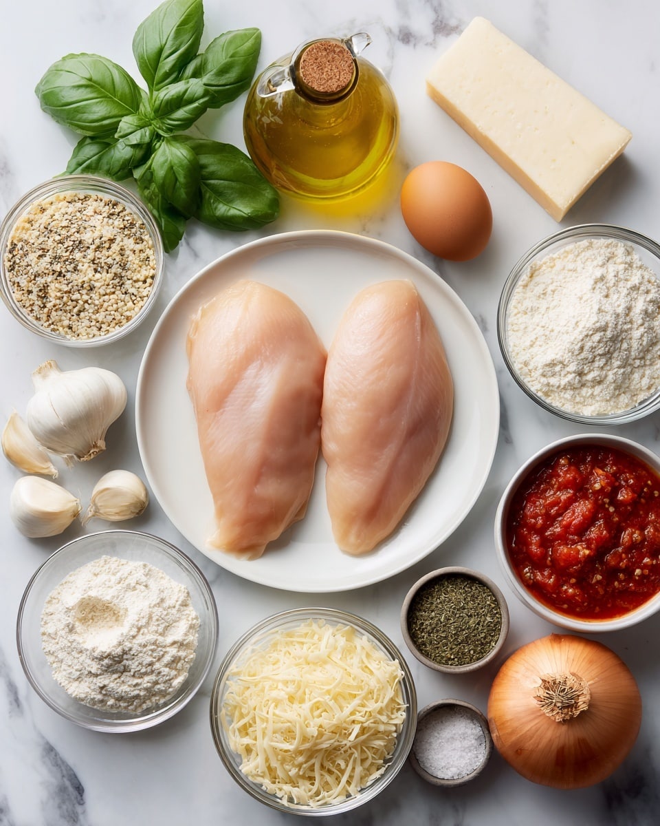 A top-down view of various ingredients arranged neatly on a white marbled surface, centered around a white plate holding two raw chicken fillets with a smooth, pale pink texture. Surrounding the plate are fresh green basil leaves, a small glass bottle of golden olive oil, a medium-sized onion with smooth light brown skin, a brown egg, and a small pack of shredded mozzarella cheese. Nearby, there is a block of pale yellow mozzarella, a small clear bowl of white flour, two garlic cloves with off-white papery skin, a clear bowl of salt and pepper, a block of grated parmesan cheese, a can of crushed red tomatoes, a box of Japanese-style bread crumbs with a mainly white and yellow design, and two small spice containers labeled oregano and garlic powder. The arrangement is tidy, each item distinctly visible with soft natural light. Photo taken with an iphone --ar 4:5 --v 7