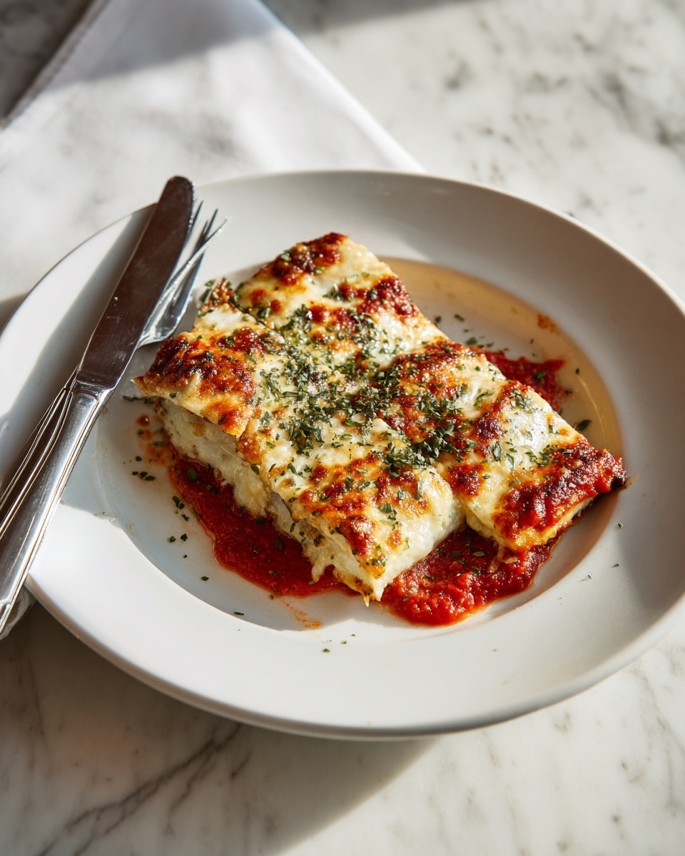 The dish shows a white plate with a rectangular piece of crispy food topped with melted light golden cheese and sprinkled with green herbs. Underneath the cheese is a bright red sauce spread unevenly on top and around the food. The piece is sliced into four sections, revealing three white, tender layers inside with the red sauce between them. The edges are darker and crispier with a browned texture. There is a silver fork and knife resting on the left side of the plate, slightly overlapping the food. The background is a white marbled surface with soft lighting. Photo taken with an iphone --ar 4:5 --v 7