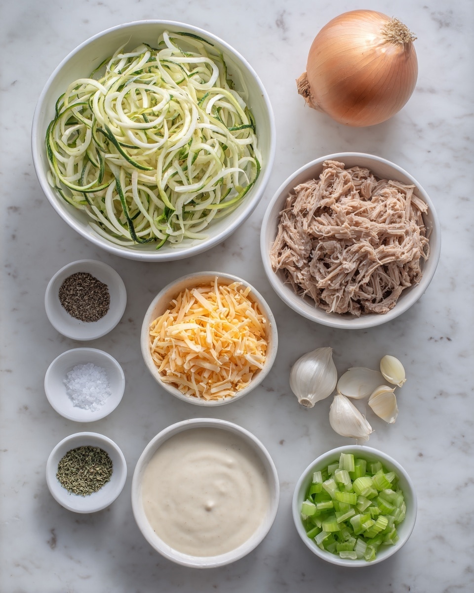 The image shows several white bowls and small dishes arranged on a white marbled surface. The largest bowl in the top left contains long thin green and pale yellow spiralized vegetable strands. To the right is a medium white bowl filled with light brown shredded meat. Below it, a smaller white bowl has thick white creamy sauce. Another white bowl near the bottom left holds shredded orange cheese. Next to it is a small bowl of chopped light green celery. There are three garlic cloves placed beside this bowl. At the bottom left, there are three small dishes containing white salt and black pepper, green dried herb, and a beige creamy sauce. At the top, there is a whole light brown onion. The setting is simple with clean, fresh-looking ingredients. photo taken with an iphone --ar 4:5 --v 7
