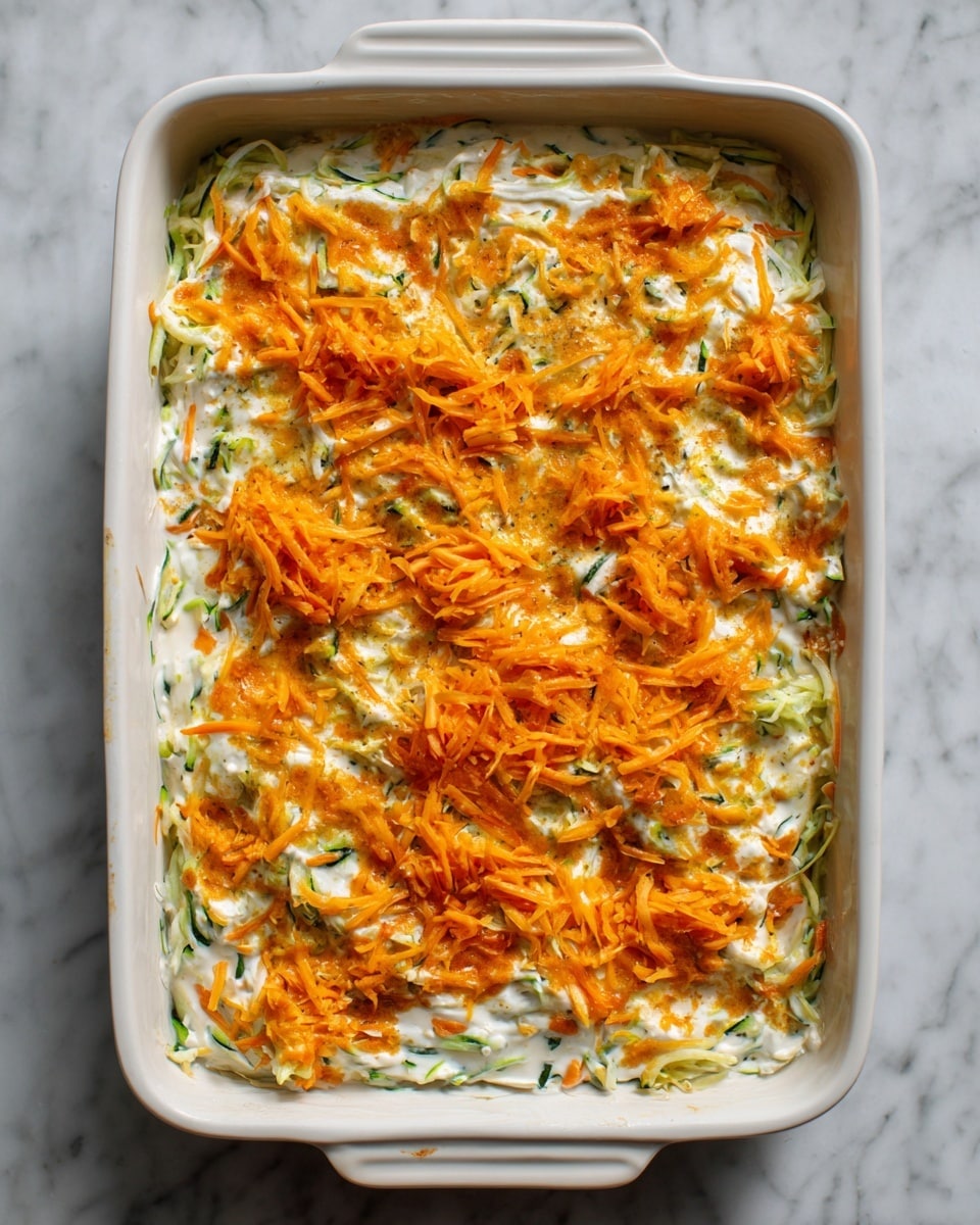 A rectangular white ceramic dish is filled with a layered casserole. The bottom layer is mixed shredded green and white vegetables, possibly zucchini and onions, creating a fresh textured base. This is topped with creamy white sauce spread evenly across the dish. The top layer consists of bright orange shredded cheese scattered generously, with some cheese melting into the sauce below. The dish rests on a white marbled surface, showing a clear view from above. Photo taken with an iphone --ar 4:5 --v 7