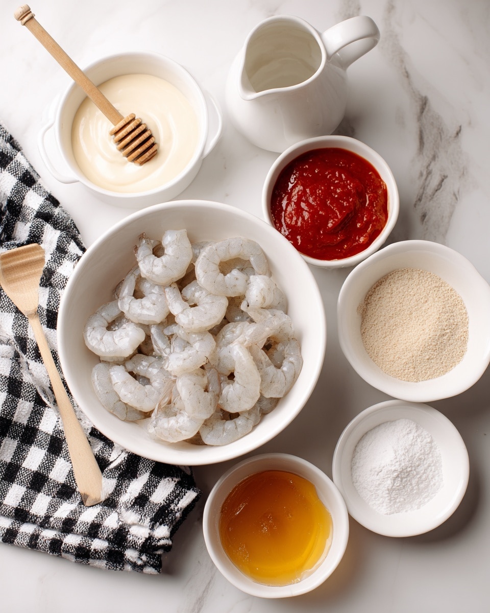 The image shows a white bowl in the center filled with raw shrimp that are light grey and slightly translucent. Around this bowl, there are five smaller white bowls, each containing different ingredients: one has a creamy white sauce with a smooth texture, another holds a thick bright red sauce, the third contains a golden honey with a wooden honey dipper resting in it, the fourth is filled with a fine beige powder, and the fifth bowl contains a white powdery ingredient. A white pitcher with a small spout sits behind the bowls with a light liquid inside. Underneath, a black and white checkered cloth is partially visible on a white marbled surface. Photo taken with an iphone --ar 4:5 --v 7