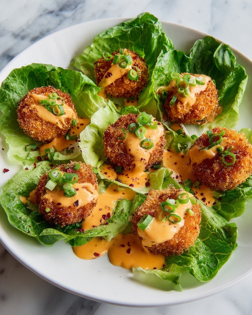 A white plate holds seven fried round pieces of food, each coated in a crispy brown crust. They are placed on fresh, bright green lettuce leaves that line the plate. The fried pieces are topped with a light orange creamy sauce drizzled unevenly over each one. Small green chive pieces and tiny red bits are sprinkled on top, adding color contrast. The background is a white marbled surface. photo taken with an iphone --ar 4:5 --v 7