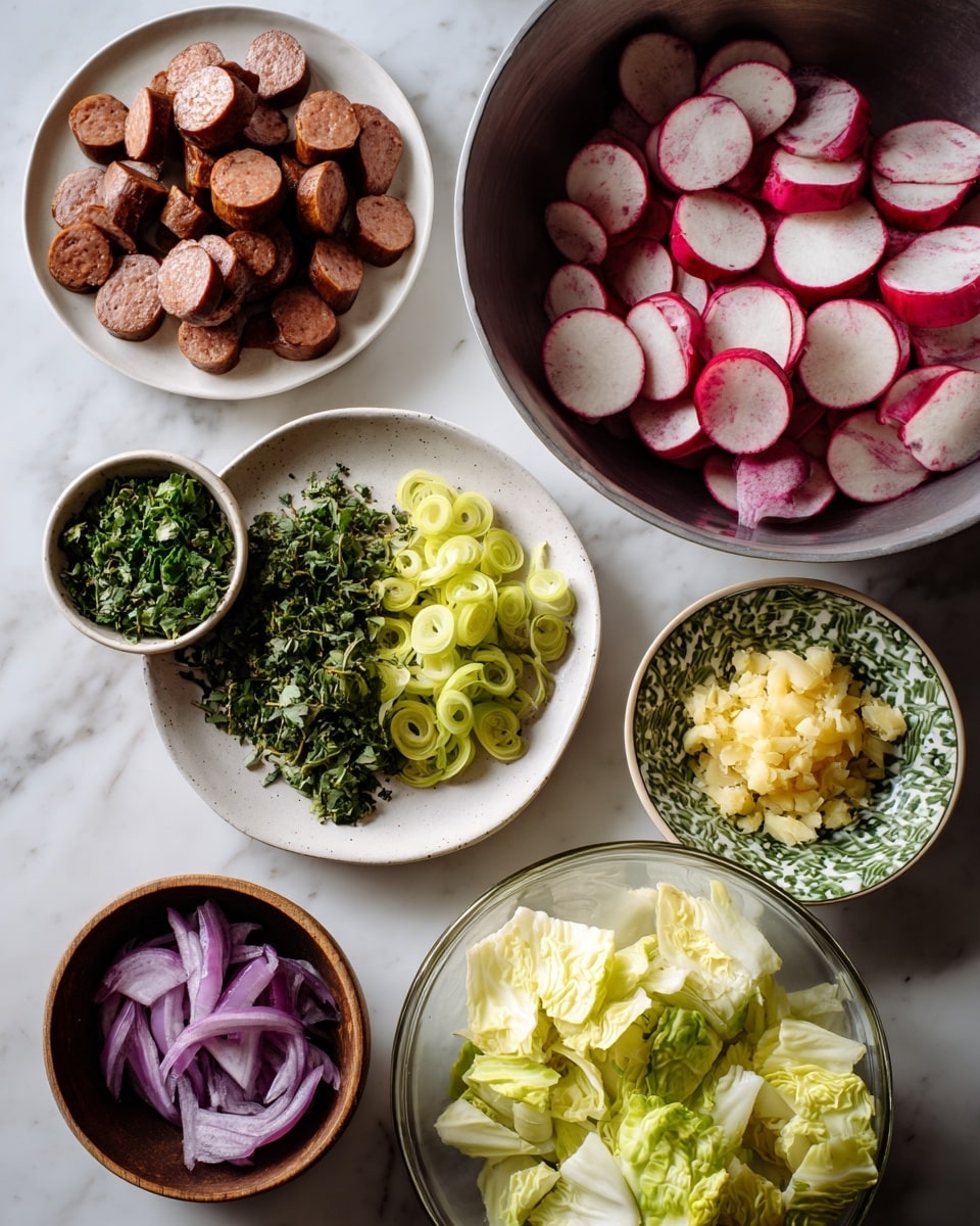 Sausage and Cabbage Foil Packs Recipe 4 The image shows six containers with different chopped ingredients arranged on a white marbled surface. In the top left, a white plate holds sliced brown sausage pieces. To its right, a large metal bowl contains thickly sliced radishes with a red and white color. Below the sausage, a white plate has two piles of chopped green herbs; one is darker green and leafy, while the other is lighter and shaped like small rings. In the center is a small green patterned plate holding minced pale yellow garlic. To the bottom left, a small brown bowl contains thinly sliced purple shallots. On the bottom right, a clear glass bowl is filled with roughly torn, light green cabbage leaves. photo taken with an iphone --ar 4:5 --v 7