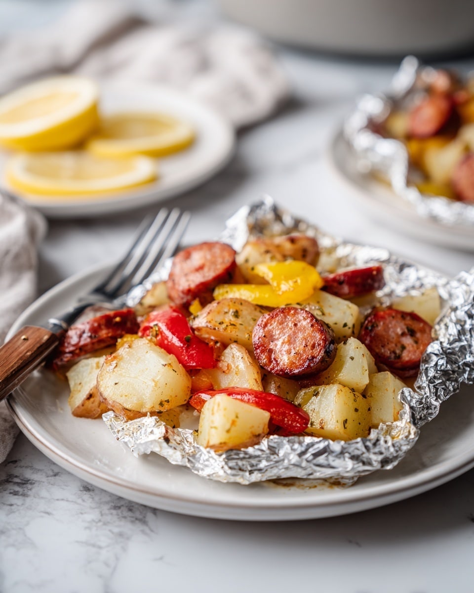 Sausage and Cabbage Foil Packs Recipe 5 The image shows a white round plate on a white marbled surface holding a piece of foil opened to reveal a cooked dish inside. The dish has three layers: at the bottom, there are pieces of white potatoes with a slightly rough texture. On top, there are slices of reddish-brown sausage unevenly spread across the potatoes. Surrounding these are chunks of yellow and red bell peppers, adding bright color to the mix. A woman's hand holding a wooden-handled knife is partially visible on the left side near the plate. In the blurred background, there is another white plate with some food and lemon wedges visible. Photo taken with an iphone --ar 4:5 --v 7