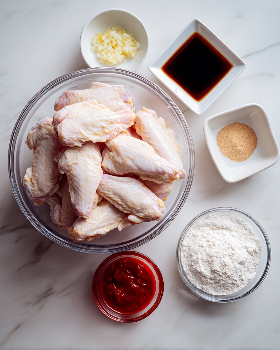 A clear glass bowl filled with raw chicken wings that are pale pink with slight yellow skin tones, placed in the center on a white marbled surface. Above the bowl are three small white bowls: the left one contains a small amount of minced garlic mixed with a little oil, the middle square bowl holds dark brown soy sauce, and the right bowl has a light brown powder, likely a spice. Below the glass bowl, on the white marbled surface, sit two small glass bowls side by side, one filled with a bright red chili sauce that looks smooth and glossy, and the other with fine white flour. The arrangement is neat and all containers are on a clean white marbled background. Photo taken with an iphone --ar 4:5 --v 7