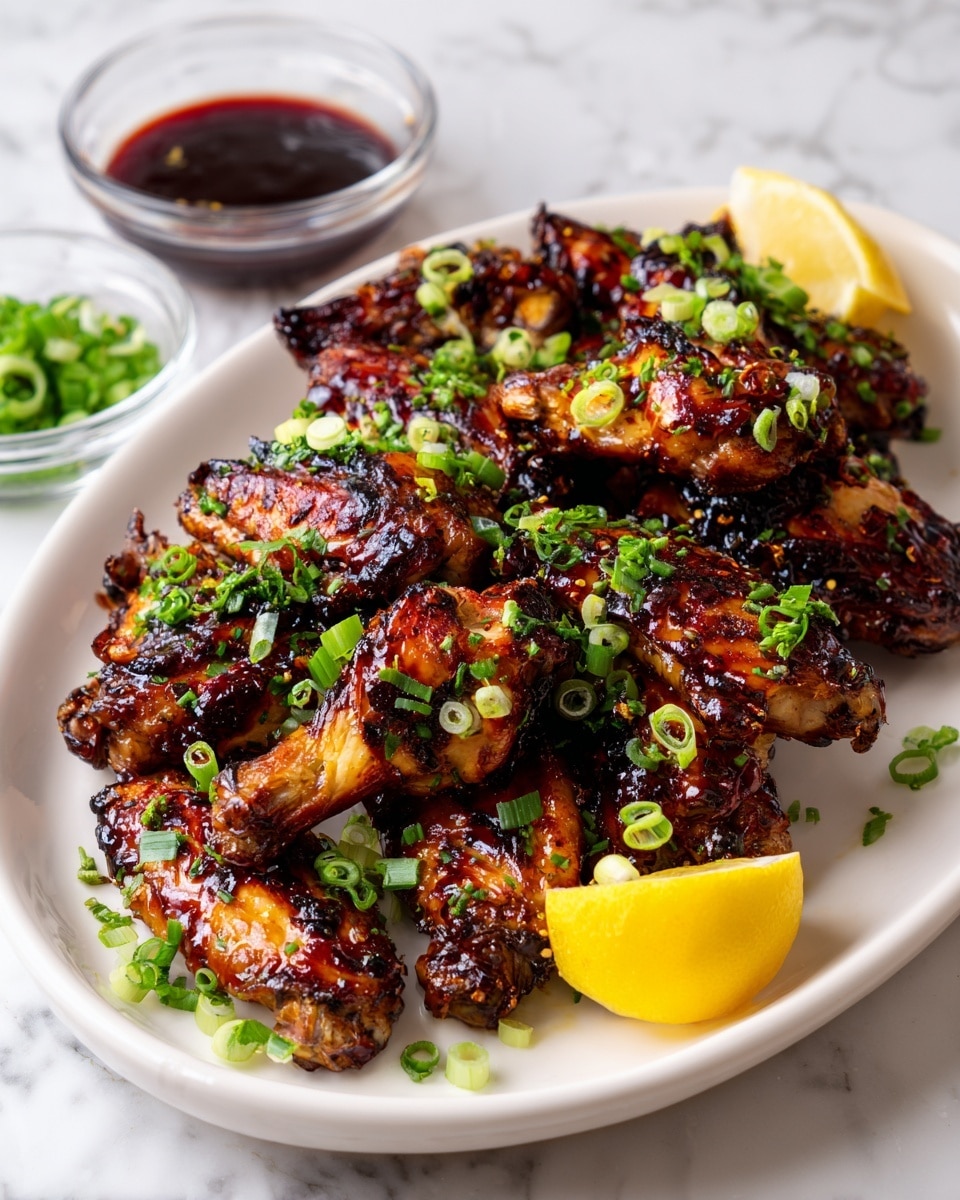 The image shows a white oval plate filled with about ten dark brown grilled chicken wings covered in a shiny, sticky sauce. The wings have a slightly charred texture with some caramelized edges. Bright green sliced scallions are sprinkled generously over the wings, adding a pop of color and freshness. A yellow lemon wedge sits on the front edge of the plate, adding a bit of contrast. In the background on a white marbled surface, there are two small glass bowls, one filled with a dark red dipping sauce and the other with more chopped green scallions. The overall scene is bright and appetizing, with the chicken wings as the main focus. Photo taken with an iphone --ar 4:5 --v 7