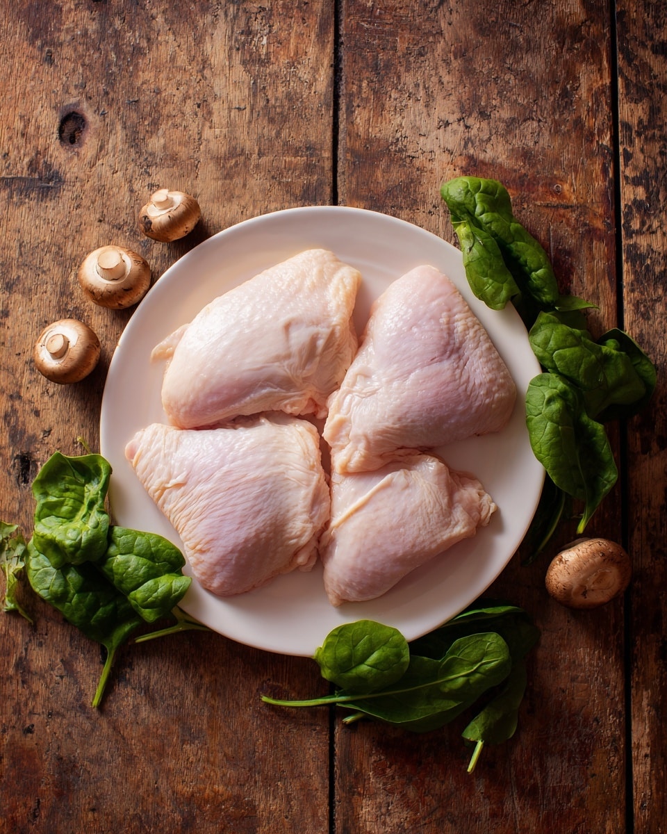 A white plate holds five pieces of raw chicken with pale pink skin, arranged closely in the center. Around the plate are several small brown mushrooms with light tan caps, and fresh green spinach leaves scattered below. The setting is a wooden table with a worn texture. photo taken with an iphone --ar 4:5 --v 7