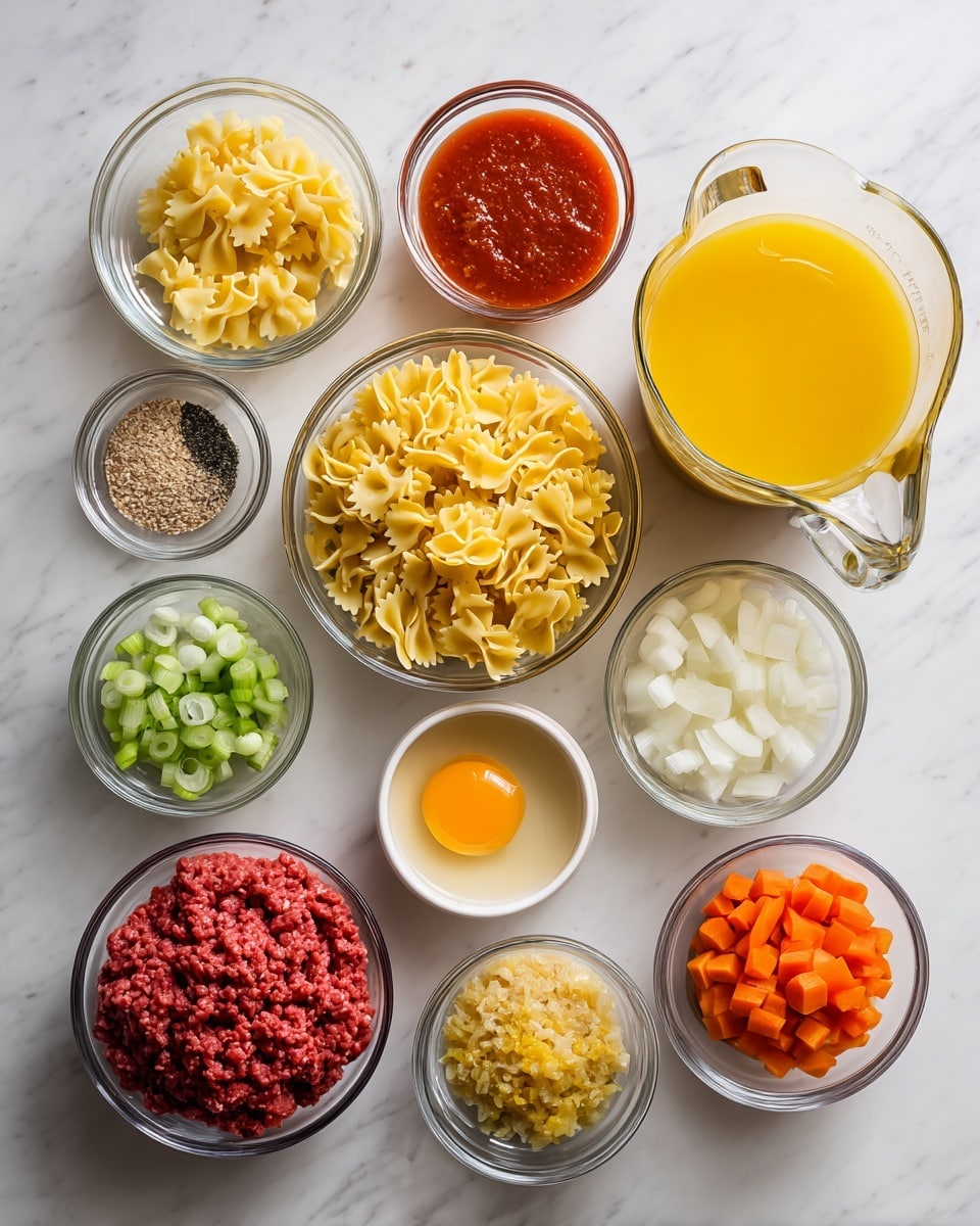 The image shows fourteen clear glass bowls and one white bowl arranged neatly on a white marbled surface. Starting from the bottom left, there is a bowl filled with raw ground red meat, followed by a small bowl with a raw egg yolk, and a medium bowl with uncooked yellow farfalle pasta placed near the center. To the right, there is a large glass measuring jug filled with yellow broth and beside it, another jug holds chunky red tomato sauce. Around the main bowls, smaller bowls contain diced white onions, chopped green celery, sliced orange carrots, crushed pineapple, yellow mustard, brown ground seasoning, tan oat mixture, dark soy sauce, clear salt, and black pepper. Above all, a glass bottle with a light yellow liquid is partially visible. The setup is clean and organized, showcasing colorful ingredients ready to be cooked. photo taken with an iphone --ar 4:5 --v 7
