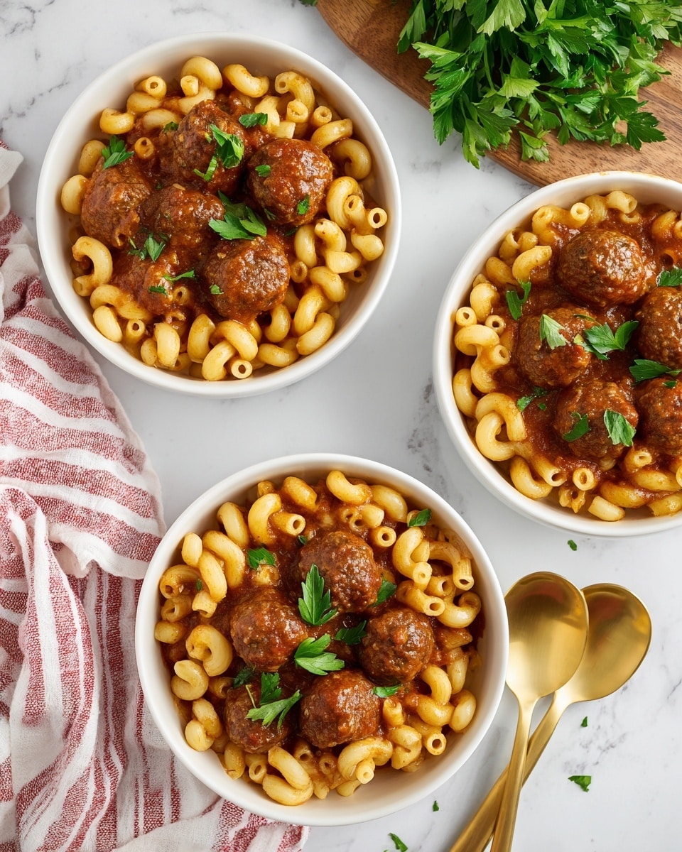 The image shows three white bowls filled with macaroni pasta and meatballs covered in a rich brown sauce. The macaroni is light yellow and slightly shiny, with the meatballs scattered evenly, dark brown and textured. Some green parsley leaves are placed on top for garnish. Two golden spoons are placed on the right side next to two of the bowls. In the top left corner, part of a white and red striped cloth and a wooden board with some fresh green parsley can be seen. The background is a white marbled surface. photo taken with an iphone --ar 4:5 --v 7