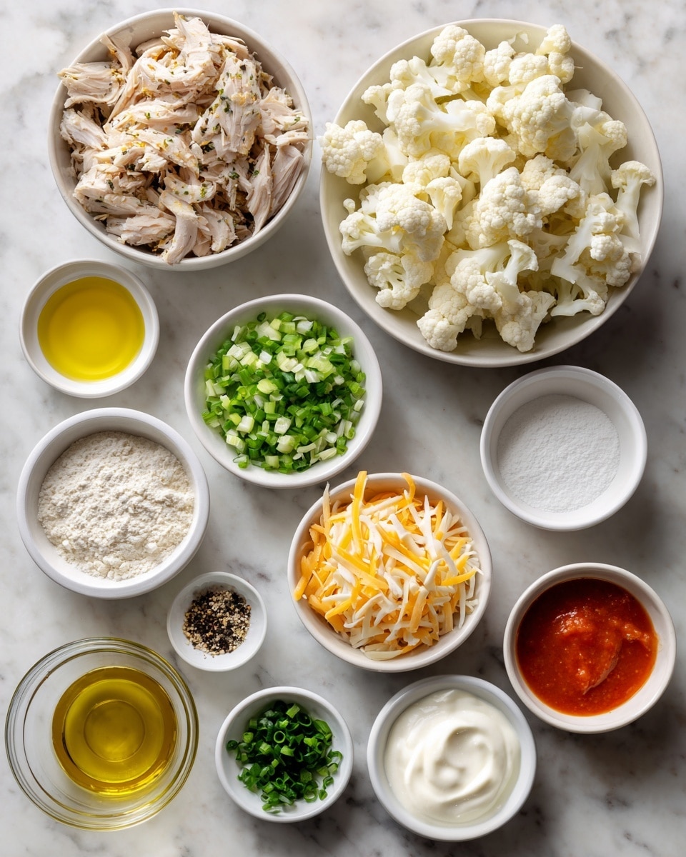 A white marbled surface holds eleven small white bowls arranged neatly; the largest bowl at the top right is filled with chopped white cauliflower pieces, while the bowl at the top left contains shredded cooked chicken with some brown color. Below, the middle bowl has a mix of shredded orange and pale yellow cheese. Surrounding these are smaller bowls: one with light green chopped scallions, one with white sesame seeds, one with bright red-orange sauce, and another with creamy white sour cream. There is a small bowl with olive oil, another with white flour, a bowl with black pepper and salt, and a bowl with green chopped herbs, possibly chives. A woman’s hand is not visible but this setup looks ready for cooking. Photo taken with an iphone --ar 4:5 --v 7