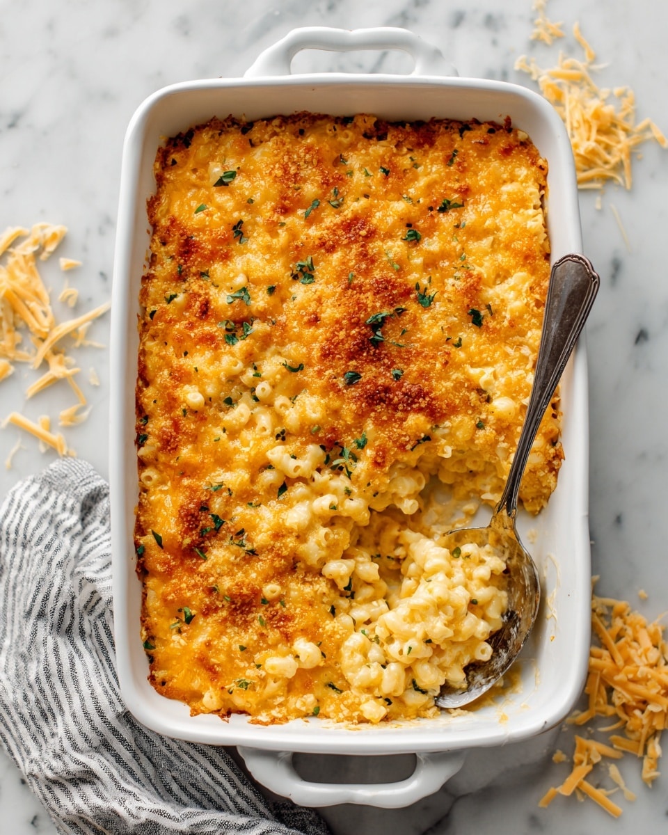 A white rectangular ceramic baking dish filled with baked macaroni and cheese, showing a golden brown cheesy top layer with green herb bits sprinkled throughout. The macaroni beneath is creamy and orange-yellow, and a silver spoon is scooping a portion from the front left corner of the dish. The dish is placed on a white marbled surface, with scattered pieces of shredded cheese around it. A striped cloth is visible on the lower left edge of the image. Photo taken with an iphone --ar 4:5 --v 7
