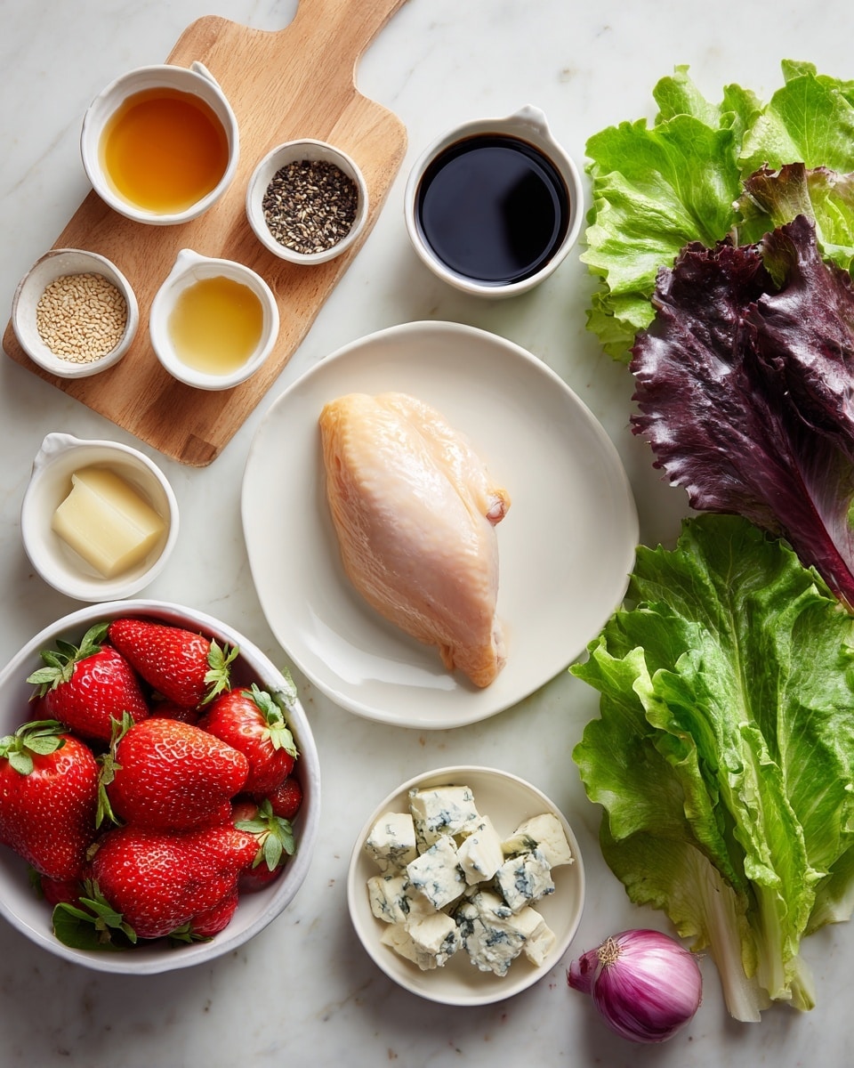 The image shows various cooking ingredients neatly arranged on a white marbled surface. In the center, there is a single raw chicken piece on a plain white plate. Surrounding it are small white bowls holding seeds, mustard, honey, salt, oil, pepper, and a dark liquid likely soy sauce, along with a small wooden cutting board. A bunch of green and purple leafy lettuce is held in a white bowl, near fresh red strawberries in another white bowl. A small bowl with chunks of blue cheese and a whole small purple onion with its skin still on also sit on the surface. The composition is clean and simple, emphasizing the fresh ingredients. photo taken with an iphone --ar 4:5 --v 7