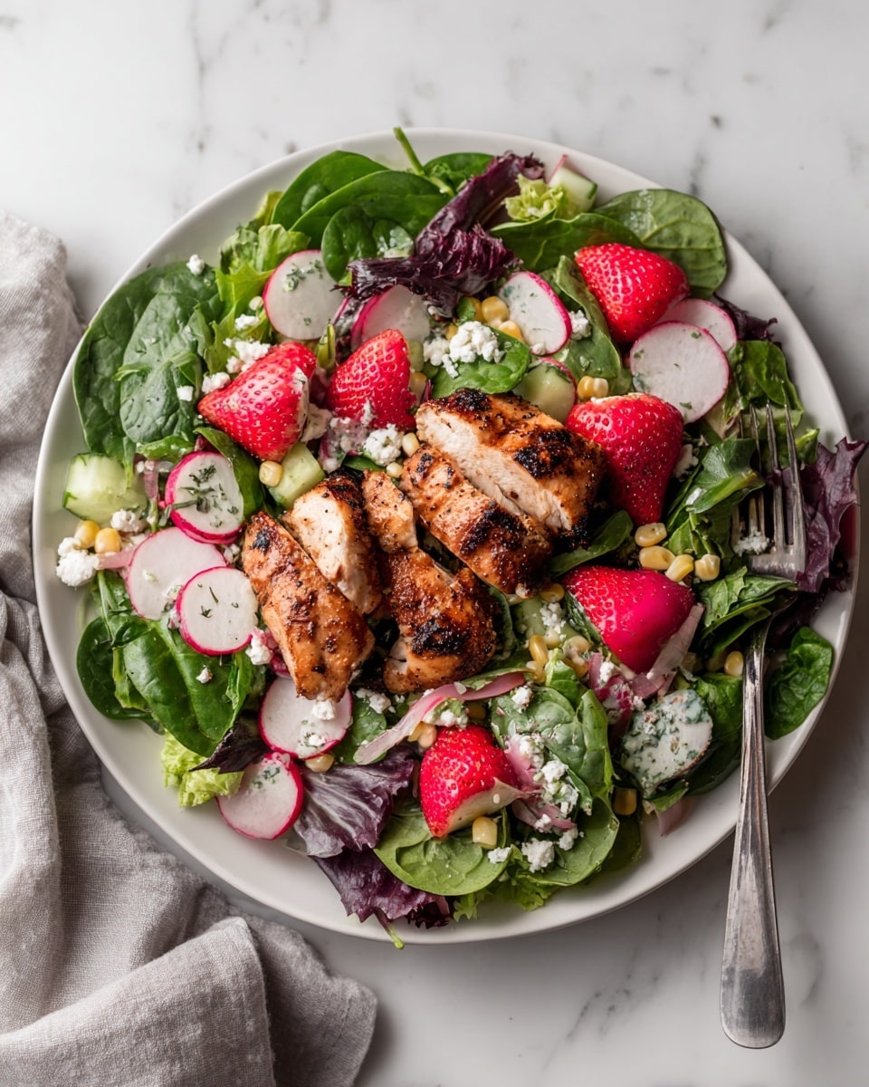 A round plate filled with a bright and fresh salad on a white marbled surface. The base layer is a mix of green leafy spinach and purple lettuce spread evenly around the plate. Large pieces of grilled golden-brown chicken sit in the center on top of the greens. Bright red halved strawberries and sliced round white radishes with pink edges are scattered on the salad. Small bits of white cheese crumbles sprinkled all over add texture. Yellow corn kernels and thin strips of red onion are mixed evenly throughout. A silver fork rests on the plate’s right side, slightly under the chicken, and a light gray cloth is casually placed to the left of the plate. Photo taken with an iphone --ar 4:5 --v 7
