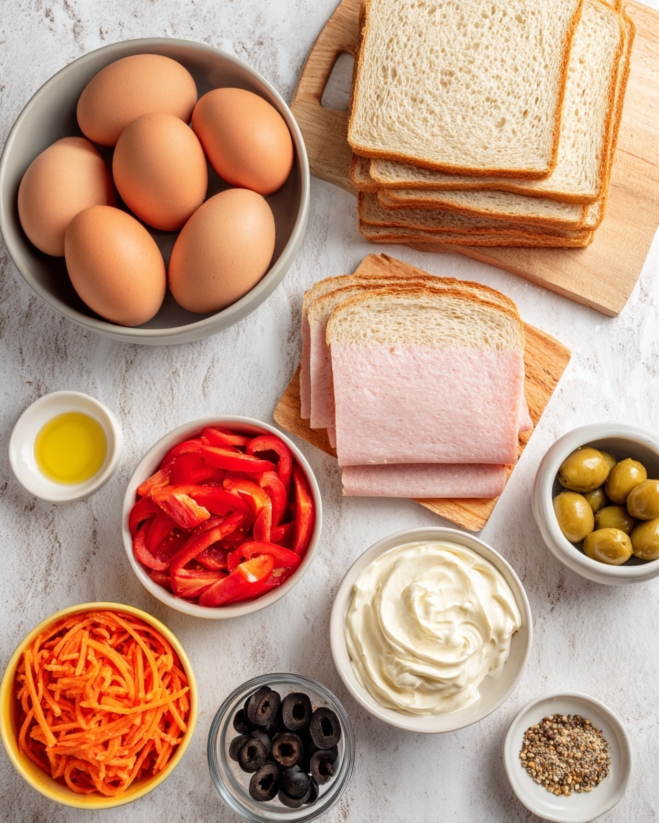The image shows various sandwich ingredients placed neatly on a white marbled surface. There are four slices of light brown bread arranged in a stack on a wooden board in the top right. Below the bread, there is a small wooden board holding three folded slices of pink deli meat. To the left, a grey bowl holds seven brown eggs. Around this bowl, there are small bowls and containers with different ingredients: sliced red bell peppers in a white bowl, shredded orange carrots in a yellow bowl, halved red cherry tomatoes in a white bowl, a bowl with mayonnaise-like white sauce, a small bowl with black olive slices, a small container with yellow mustard, and a tiny bowl with mixed black and white pepper. All items are displayed clearly with bright lighting. Photo taken with an iphone --ar 4:5 --v 7
