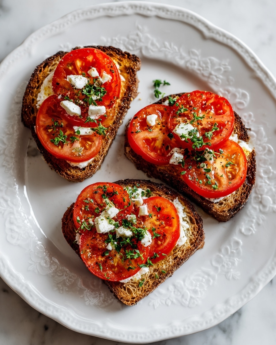 The image shows three pieces of toasted brown bread on a white plate with a soft raised floral pattern. Each toast has a base layer of toasted bread, followed by bright red tomato slices layered evenly on top. There are small pieces of white cheese sprinkled over the tomatoes, and green herb leaves scattered as a final touch. The plate is placed on a white marbled surface. photo taken with an iphone --ar 4:5 --v 7