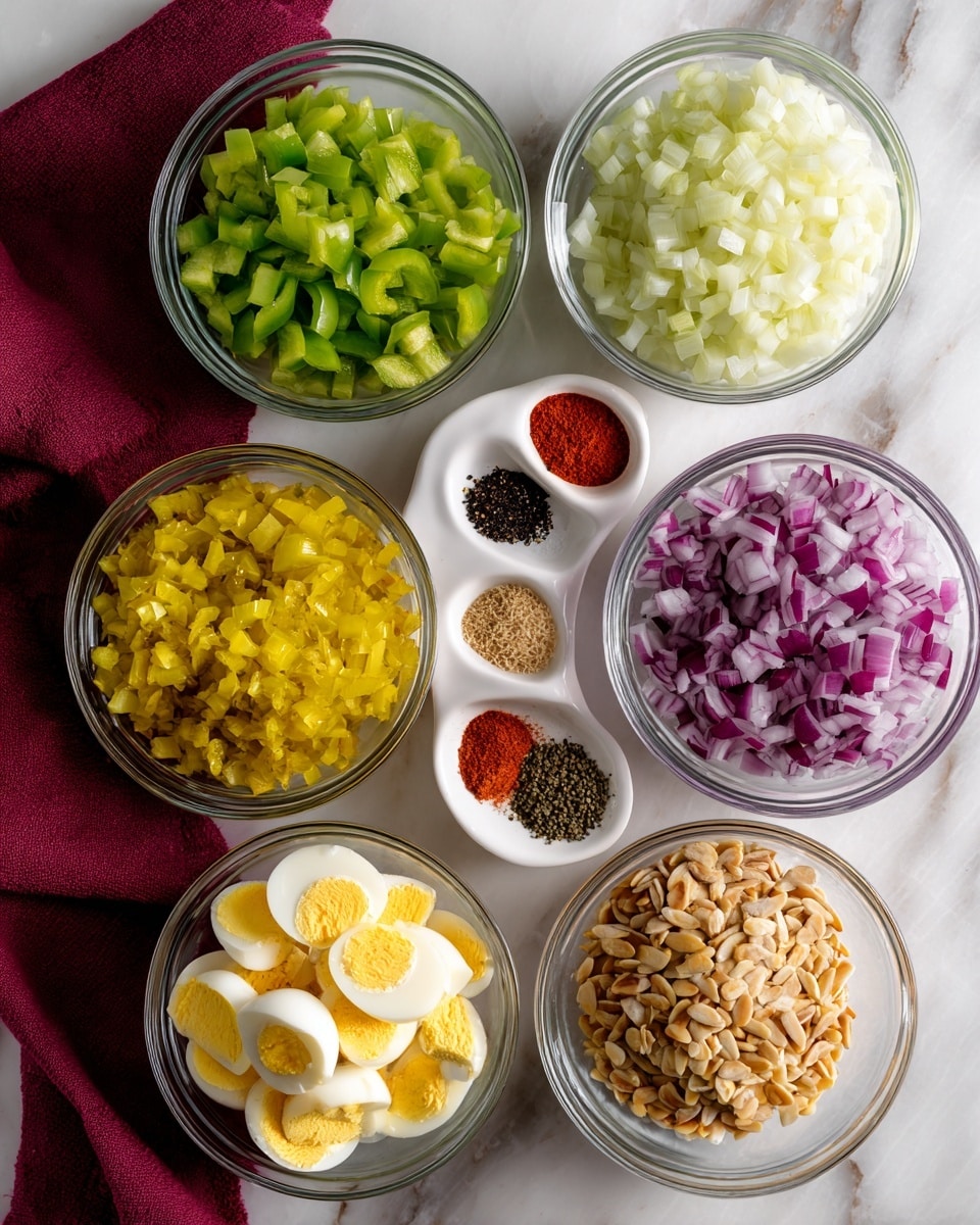 Seven clear glass bowls are arranged in two vertical columns on a white marbled surface, each filled with different chopped ingredients. From top to bottom in the left column: bright green diced bell peppers, light green diced celery, and yellow pickle slices. In the right column from top to bottom: finely chopped red onions, toasted sunflower seeds, and chopped hard-boiled eggs with yellow yolks and white edges. Above them, a small white bowl holds small piles of four spices in black, red, beige, and white. A dark red cloth sits folded at the top left corner. Photo taken with an iphone --ar 4:5 --v 7