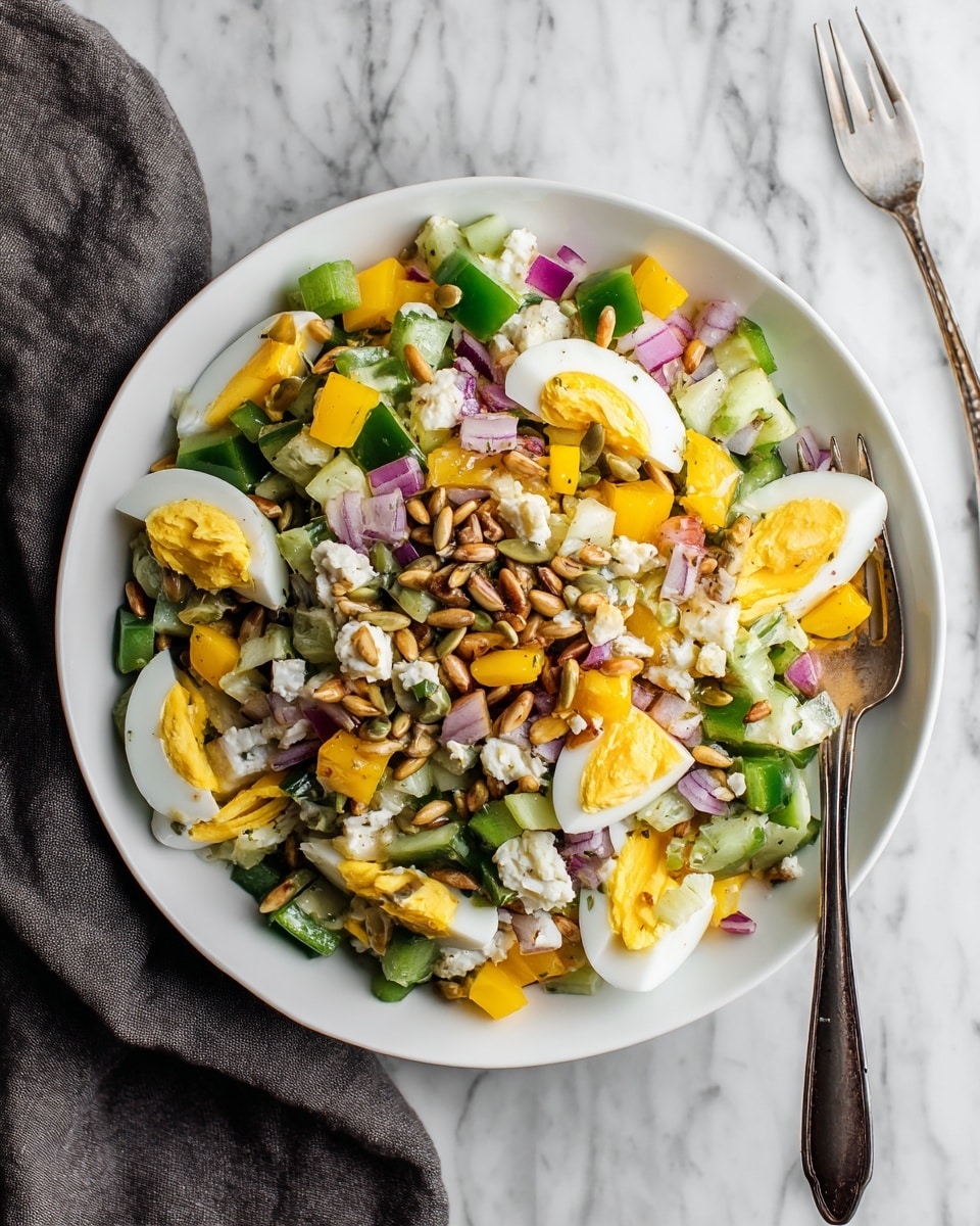 A white bowl filled with a colorful mixed salad sits on a white marbled surface next to a fork. The salad has several layers of ingredients: green bell pepper pieces, yellow bell pepper chunks, diced hard-boiled eggs with white and yellow parts, small bits of red onion, and sunflower seeds sprinkled on top. The textures vary from crunchy to soft, showing bright and fresh colors of green, yellow, white, purple, and brown. The bowl is slightly full with the salad piled up in the center. There is a dark gray cloth napkin beside the bowl. Photo taken with an iphone --ar 4:5 --v 7