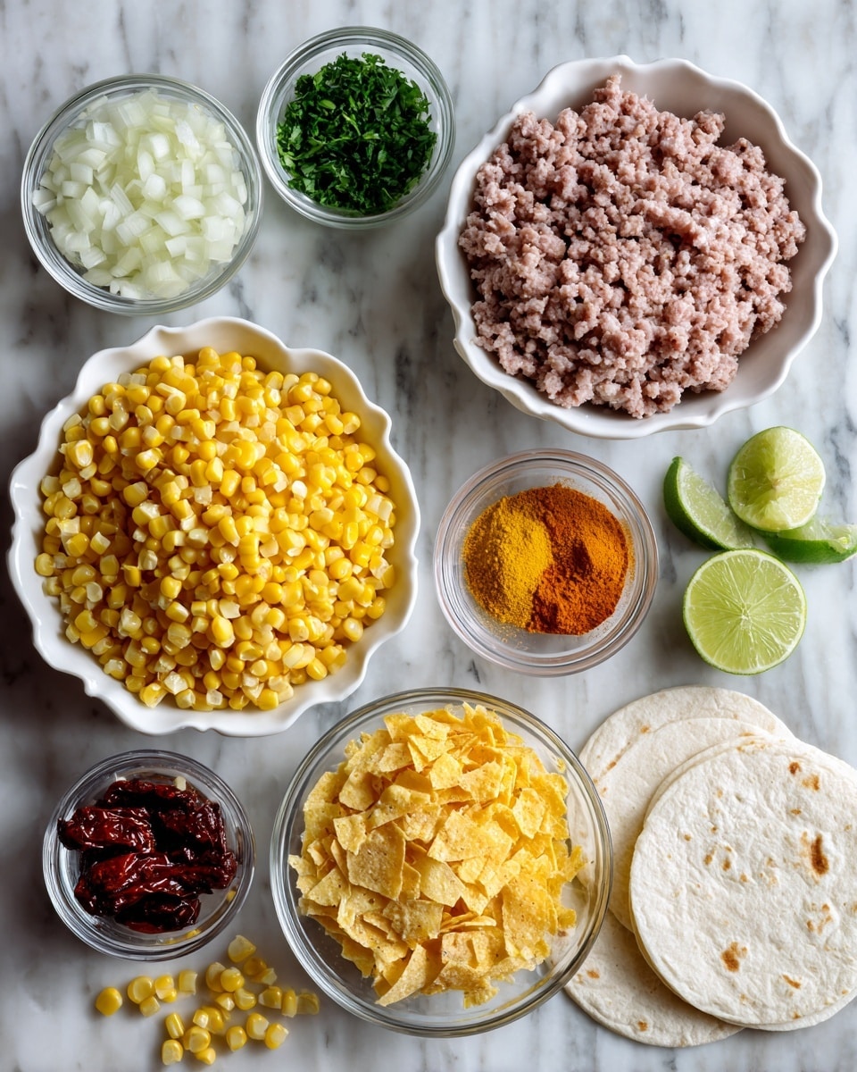 The image shows a white scalloped bowl filled with bright yellow corn at the bottom left, with some corn kernels scattered nearby. Above it to the left, there is a small clear glass bowl containing chopped white onions and above that another clear bowl with green chopped herbs. Near the center is a larger white bowl filled with light pink ground meat. To its right, there are small white bowls filled with finely crushed yellow corn chips, a reddish-orange spice powder, and a creamy white sauce. A small bowl of dark red roasted peppers is located near the bottom right. Two white flour tortillas sit at the bottom right, topped with two lime halves cut side up. All dishes are placed on a surface with a white marbled texture. Photo taken with an iphone --ar 4:5 --v 7