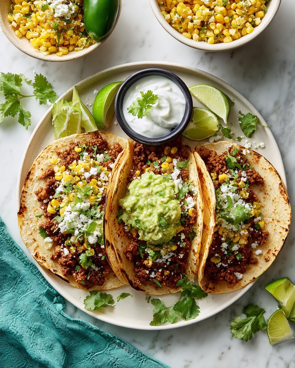 A round white plate sits on a white marbled surface with three soft tacos arranged side by side. Each taco has a lightly toasted, slightly browned tortilla filled with a base layer of cooked brown meat, topped with yellow grilled corn and small bits of green jalapeños. Above this, there is a scoop of chunky green guacamole with visible pieces of avocado. Crumbled white cheese is sprinkled around the tomatoes and filling. Several lime wedges and fresh cilantro leaves decorate the plate edges around a small black bowl filled with white sour cream, garnished with a small cilantro leaf. In the background, a smaller white bowl with yellow grilled corn salad and another white bowl with brown cooked meat sit partially visible, along with lime halves, a green chili, and a teal cloth napkin. Photo taken with an iphone --ar 4:5 --v 7