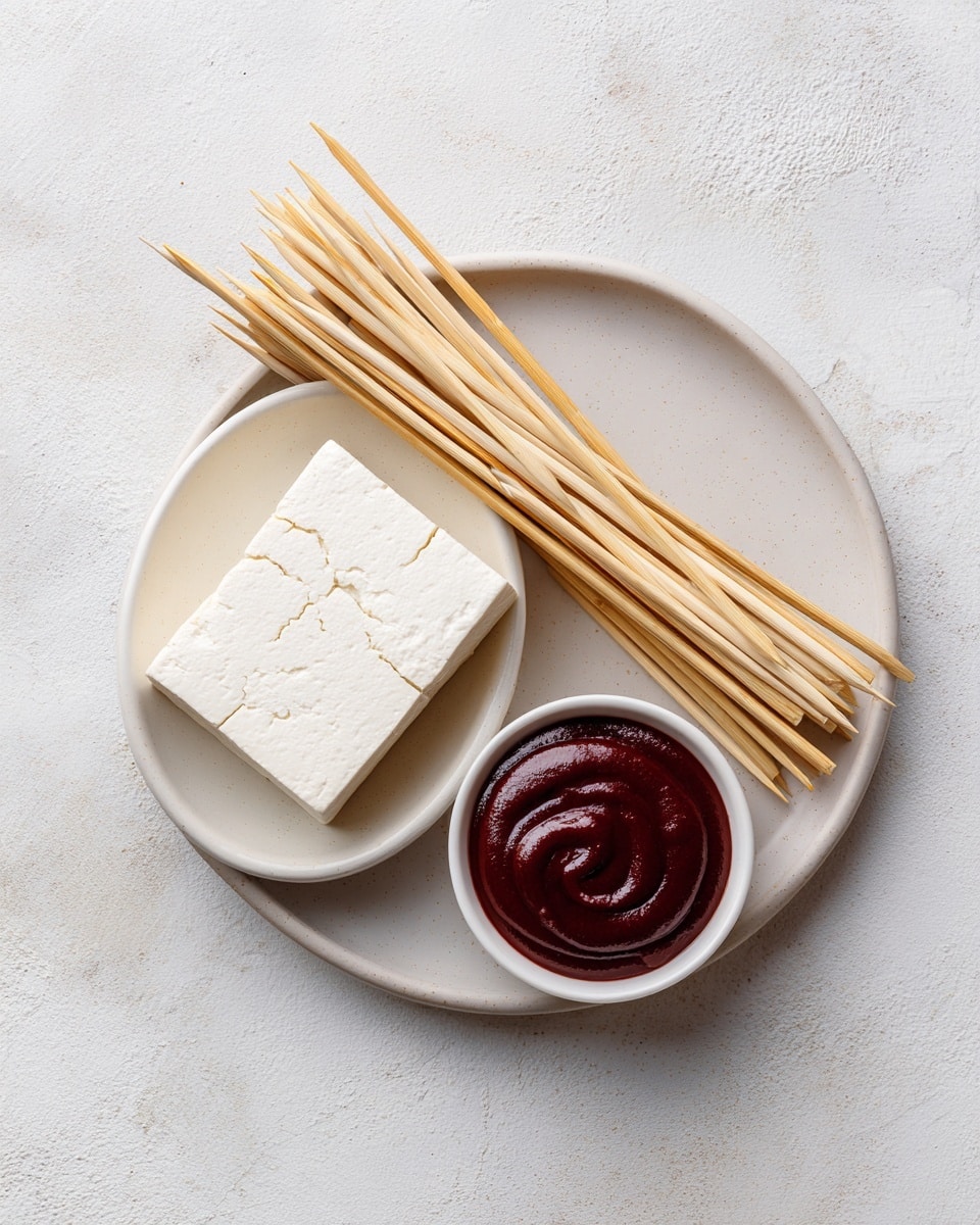 A round white plate with a white marbled texture surface holds three items: a bundle of light wooden skewers placed horizontally at the top right, a smaller oval white plate at the bottom left containing a thick, square block of white tofu with a slight crack on the surface, and a small white bowl filled with a smooth, thick dark red sauce positioned at the bottom right. The plate and items are arranged neatly with clear space around them photo taken with an iphone --ar 4:5 --v 7