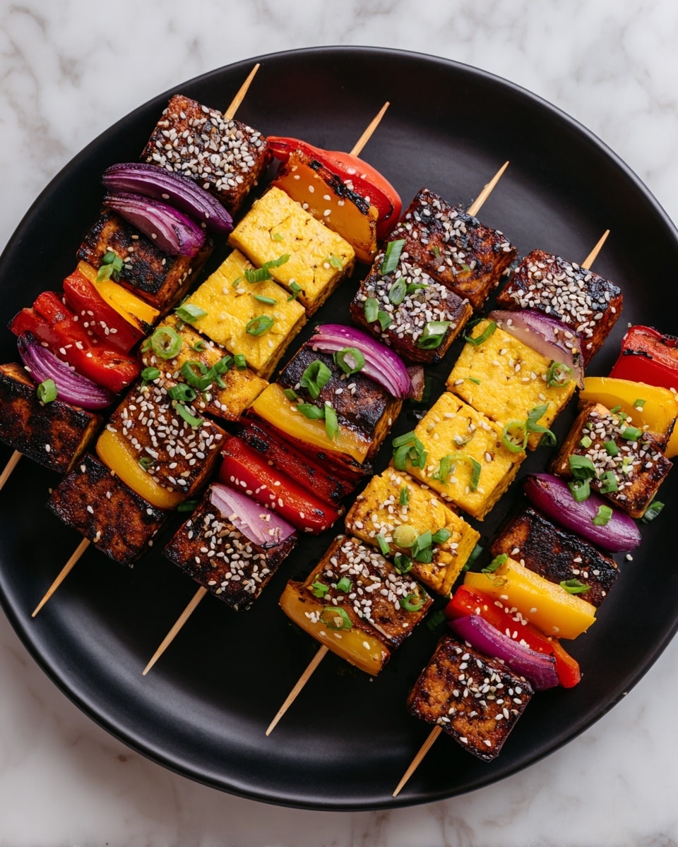 The image shows skewers of grilled tofu with three layers on each skewer: the first layer is a brown grilled tofu cube with visible char marks, followed by a yellow bell pepper piece, then a purple-red onion segment, repeating in this order. The tofu cubes are sprinkled with white sesame seeds and small green sliced scallions. The skewers are arranged neatly on a black plate, resting on a white marbled surface. photo taken with an iphone --ar 4:5 --v 7