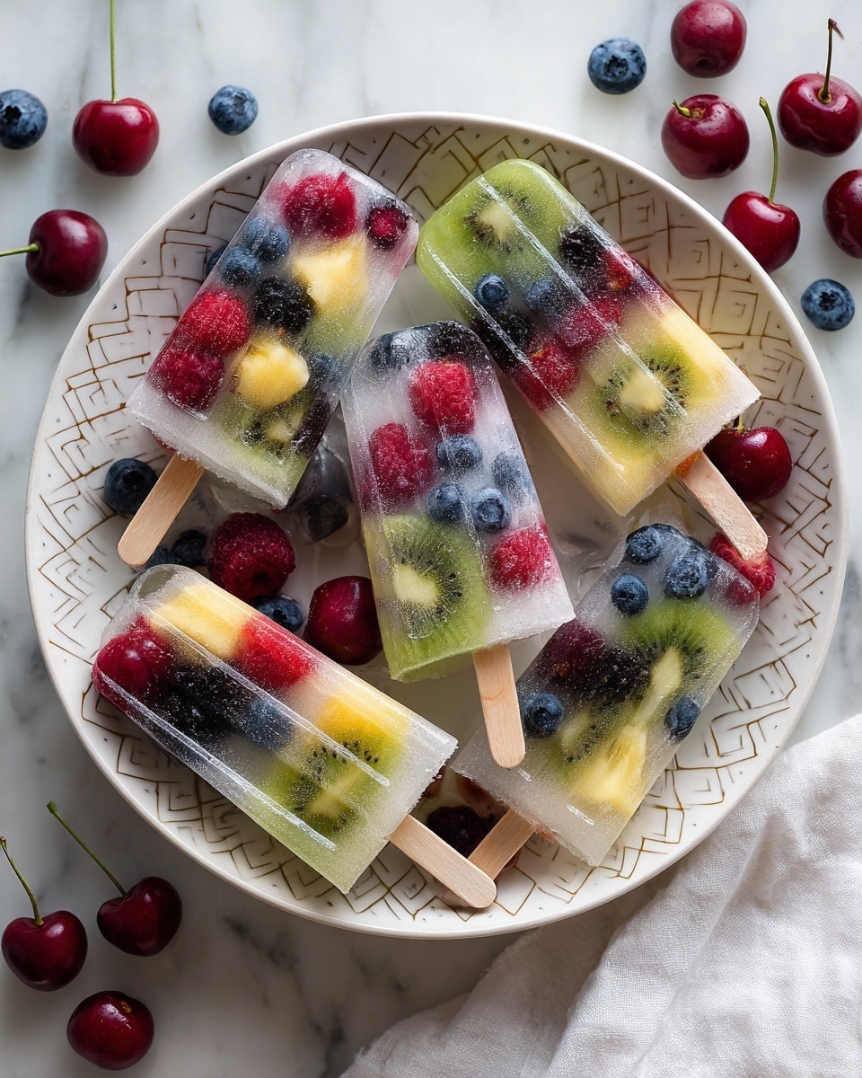 The image shows six colorful fruit popsicles in a white bowl with a subtle geometric pattern on a white marbled surface. Each popsicle has visible layers of different fruits including red raspberries, blue blueberries, green kiwi slices, blackberries, and yellow pineapple pieces, all frozen inside clear ice, giving a fresh, translucent look. The fruits are arranged randomly inside each popsicle with wooden sticks inserted at the bottom, sticking out. Around the bowl, there are loose fresh cherries, blueberries, and raspberries scattered on the surface. A white cloth is partly visible on the right side of the frame. photo taken with an iphone --ar 4:5 --v 7