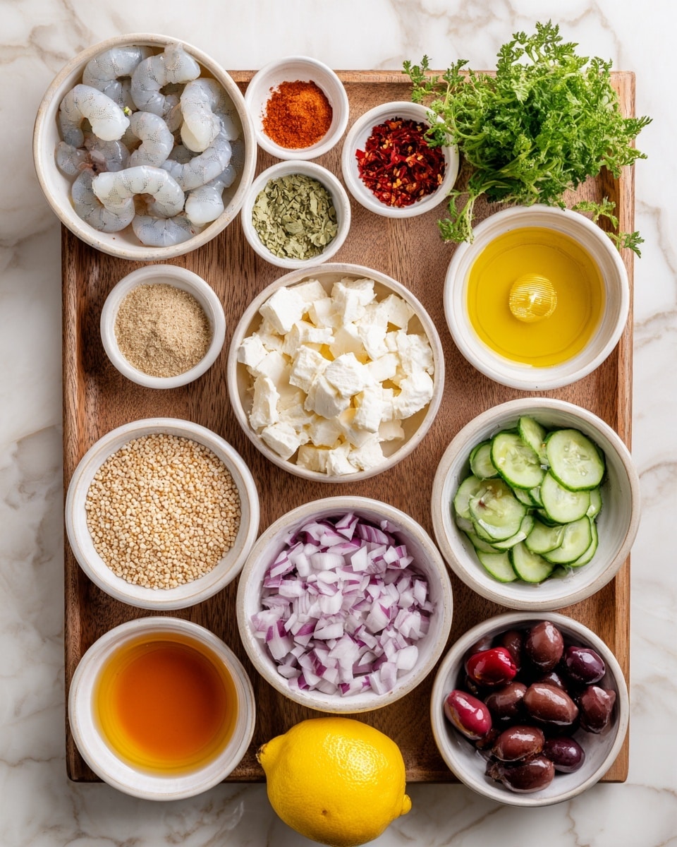 The image shows a wooden tray with multiple white bowls arranged neatly on a white marbled surface. The top left bowl contains raw shrimp with a grayish-white color and a smooth texture. Next to it are two small bowls with spices — one with red and green powder and the other with a beige powder. Fresh green herbs with leafy and feathery textures are placed at the top right corner of the tray. Below the shrimp bowl, there is a bowl with golden honey, and next to it, a bowl with beige grain-like seeds. Under the spices, a bowl holds cubed white cheese with a soft texture. Moving downward, there is a bowl with light brown mustard. Under the honey is a bowl with a translucent orange liquid. At the bottom left corner is a bright yellow lemon. The next bowl contains small dark purple olives, and the last large bowl on the bottom right contains diced red onions, chopped cucumbers, and halved red cherry tomatoes, all showing crisp textures and vivid colors. The whole setup looks clean and organized, photo taken with an iphone --ar 4:5 --v 7
