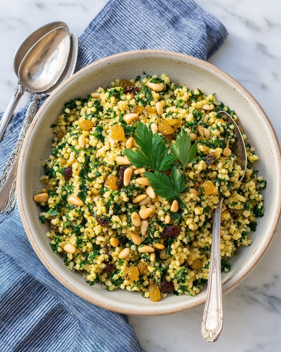 A round bowl filled with a dish of small, light yellow grains mixed with bright green chopped herbs, golden raisins, and several toasted pine nuts scattered throughout. The dish is garnished with a few fresh green parsley leaves on top. The bowl is placed on a white marbled surface, next to vintage silver fork and spoon on a blue striped cloth. Photo taken with an iphone --ar 4:5 --v 7