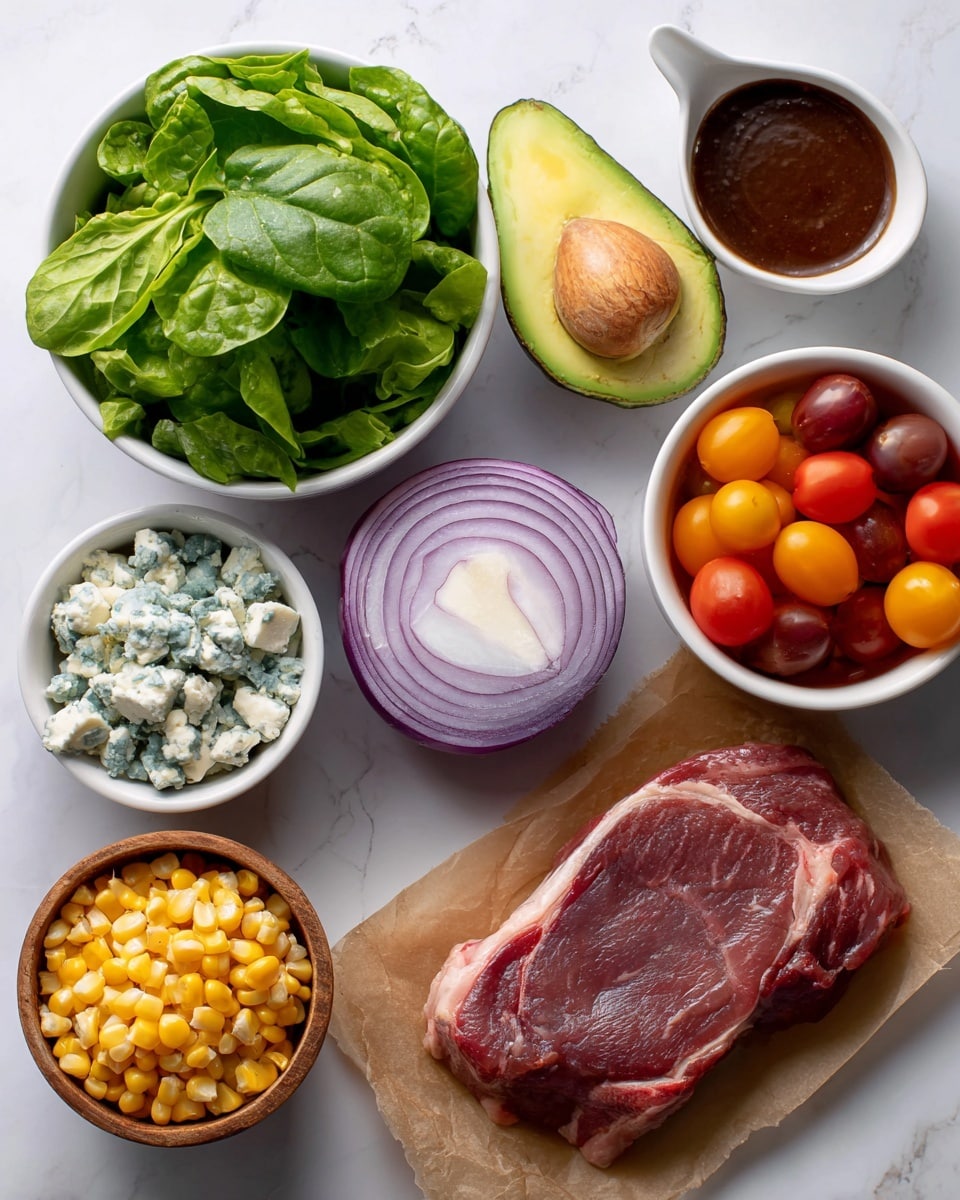 The image shows different ingredients placed on a white marbled surface. At the top left, there is a white bowl filled with bright green leafy lettuce. To the right of it, there is one half of an avocado with its brown seed in the center. Below the avocado, there is a thick slice of purple onion with a smooth texture. To the right of the onion, there is a white bowl holding dark brown sauce. At the bottom left, a white bowl contains small chunks of blue cheese with white and blue mottled colors. Above it, a small wooden bowl is filled with yellow corn kernels. To the right, a white bowl holds a mix of small, shiny tomatoes in red, orange, and deep purple colors. At the bottom center, there is a raw steak with marbled fat, lying on a piece of brown parchment paper. photo taken with an iphone --ar 4:5 --v 7