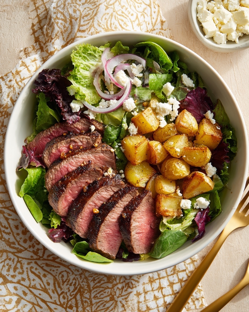 A white bowl holds a fresh salad with three main layers: at the bottom is a mix of green and purple leafy lettuce, topped with golden roasted potato chunks scattered evenly. On top of the potatoes and greens are small pieces of white cheese crumbles and thinly sliced red onion. Along one side of the bowl, evenly placed slices of medium-rare cooked steak show a pink center with browned edges. The bowl sits on a light tan patterned cloth with a gold fork on the right side and a small bowl of extra cheese below. The photo was taken with an iphone --ar 4:5 --v 7