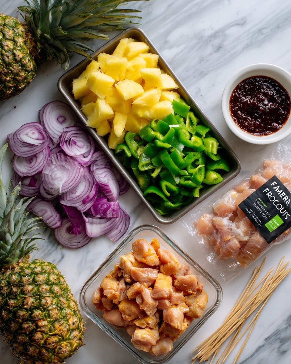 The image shows ingredients arranged on a white marbled surface. There is a rectangular metal tray in the top left corner filled with three layers of vegetables: bright yellow pineapple chunks on the left, rings of purple-red onion in the middle, and chopped green bell peppers on the right. To the right of the tray is a small white bowl filled with a dark reddish-brown sauce, and below it, there is a clear plastic package labeled