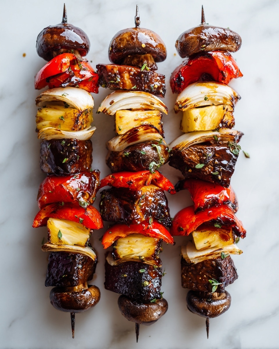 BBQ Pineapple Chicken Kabobs Recipe 5 Three skewers of grilled kebabs lie flat on a white marbled surface, each loaded with layers of shiny, glazed ingredients. Starting from the top, pieces of brown grilled mushroom caps alternate with chunks of red bell peppers, thick slices of pale yellow pineapple, and curved sections of white onion. The glaze on the kebabs shines, giving them a rich brown color in spots with a slightly caramelized texture. The colors are bright with deep reds, pale whites, yellow, and dark mushrooms all clearly visible. Photo taken with an iphone --ar 4:5 --v 7