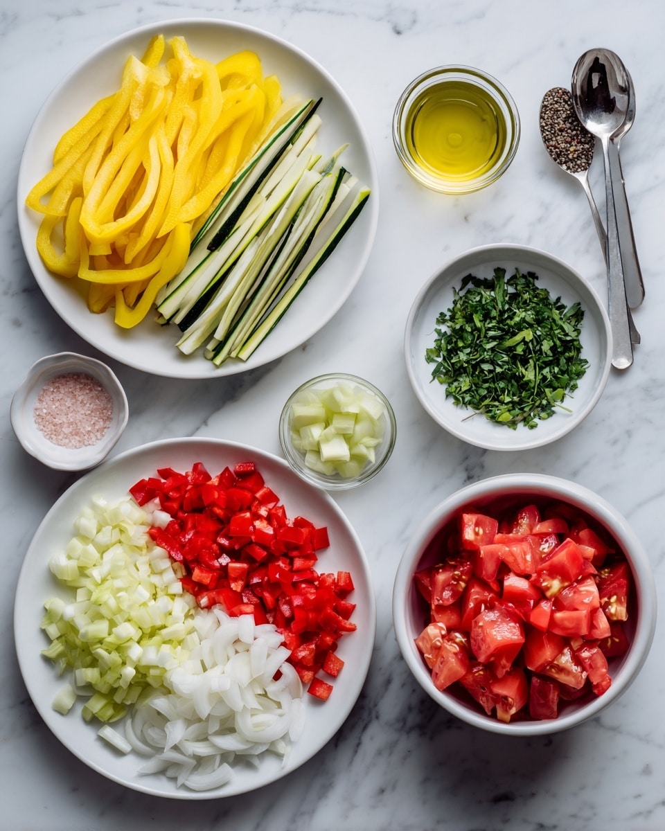 The image shows several white plates and glass bowls arranged on a white marbled surface. One white plate holds thin, long yellow and green vegetable slices neatly placed side by side. Another white plate has various chopped vegetables divided into sections: bright red diced bell peppers, fresh green chopped herbs, whole white onion rings, finely chopped garlic, and additional chopped green herbs. A white bowl contains whole peeled red tomatoes in juice. There is a small glass bowl filled with light green chunks of vegetable, a glass cup with clear liquid, a tiny glass with olive oil, and two small silver spoons holding pink salt and black pepper. The setup looks clean and organized, ready for cooking. Photo taken with an iphone --ar 4:5 --v 7