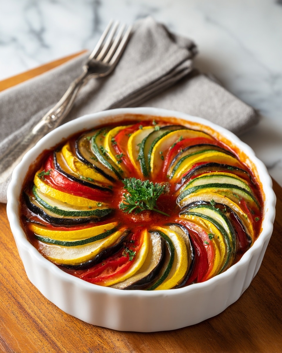 A white round dish shows a colorful layered vegetable tart arranged in a spiral pattern. Thin slices of green zucchini, yellow squash, red bell pepper, and purple eggplant are stacked tightly next to each other, creating many layers with bright green, yellow, red, and purple colors. The vegetables sit on a light red sauce that fills the base of the dish. A small sprig of green parsley is on the center as a garnish. The dish is placed on a wooden table next to a metal fork and a gray cloth napkin, all on a white marbled surface. Photo taken with an iphone --ar 4:5 --v 7