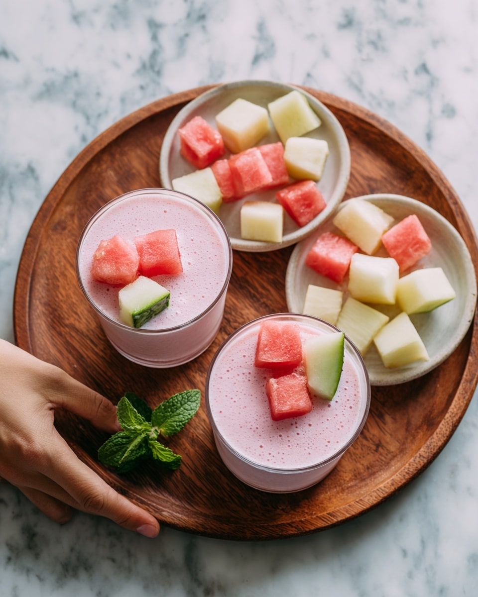 The image shows two clear glasses filled with light pink creamy smoothies placed on a round wooden tray. Each glass is topped with two small watermelon cubes and a small triangular slice of watermelon with green rind. Behind the glasses, there are three plates on a white marbled surface: one with triangular watermelon slices, another with small watermelon cubes, and the last with mixed pale yellow and pinkish cubes of melon. A woman’s hand is holding the wooden tray from the side. A sprig of green mint is placed near the watermelon slices. photo taken with an iphone --ar 4:5 --v 7