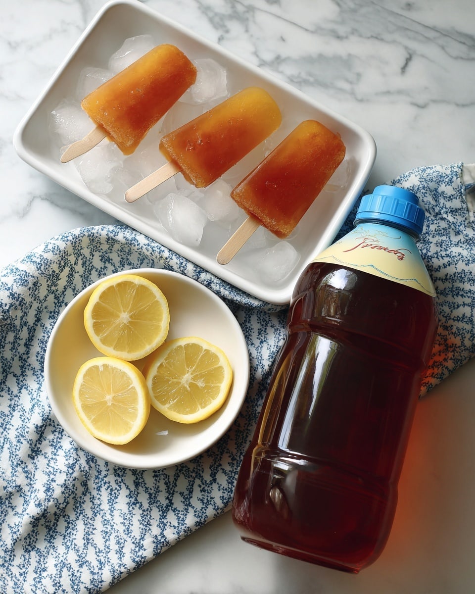 There is a white dish filled with three lemon slices that are bright yellow and round, placed toward the bottom left. Above the dish, three light amber ice pops with wooden sticks are resting on a white tray filled with clear ice cubes. A large translucent plastic jug of dark brown sweet tea with a blue cap and a bright blue and red label sits on the right side. Underneath, there is a white and blue patterned cloth with small diamond shapes. The surface is a white marbled texture. photo taken with an iphone --ar 4:5 --v 7