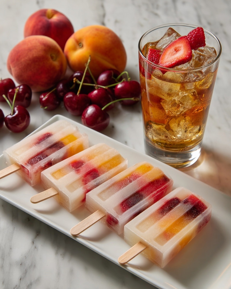 A white rectangular plate holds five frozen fruit popsicles lined up side by side. Each popsicle has visible layers of orange, red, and pale yellow pieces of fruit embedded inside clear icy layers, with wooden sticks at the bottom. Behind the plate, there is a group of fresh fruits, including red strawberries, cherries with green stems, an orange peach, and red apples. To the right of the popsicles, a clear glass filled with iced tea and ice cubes is topped with a fresh raspberry and a slice of strawberry inside. The setting is on a white marbled surface. photo taken with an iphone --ar 4:5 --v 7