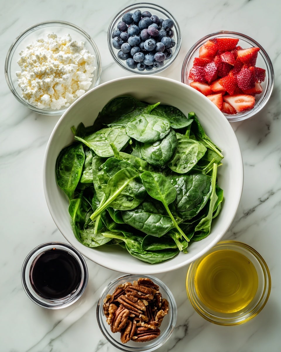 The image shows a large white bowl filled with fresh green spinach leaves as the main layer. Around the bowl, six small clear glass bowls are arranged on a white marbled surface. Each small bowl contains a different ingredient: one has white crumbly cheese, another is filled with dark blue blueberries, one holds chopped red strawberries, another contains chopped brown pecans, the next has a thick dark liquid resembling balsamic vinegar, and the last bowl has a light yellow liquid that looks like olive oil. The layout is neat and organized, with vibrant colors from the fruits contrasting with the green spinach and the white bowls. photo taken with an iphone --ar 4:5 --v 7