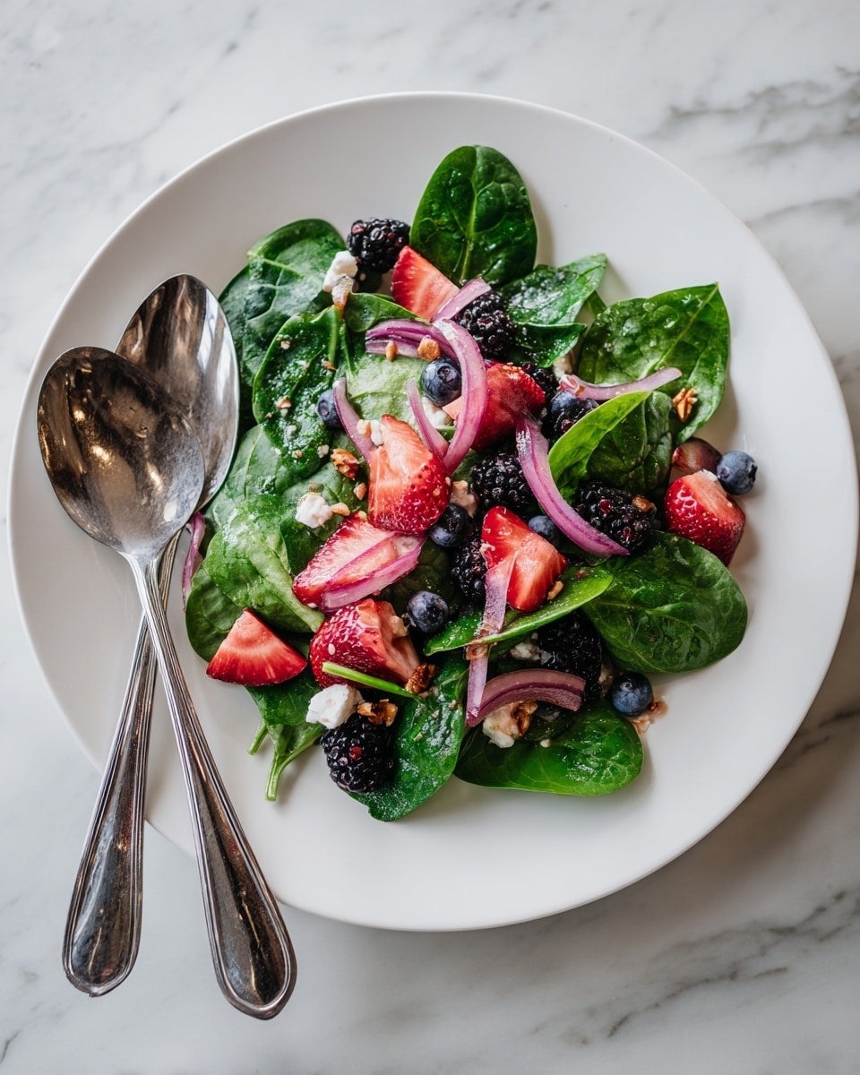 A white plate holds a fresh salad with one main layer of deep green spinach leaves spread evenly. On top, there is a mix of bright red strawberry halves, dark purple blackberries, and small round blueberries scattered throughout. Thin, curved slices of pink pickled onions are arranged lightly over the berries, adding a soft contrast. Small chunks of white cheese are sprinkled across the salad, with tiny golden nuts or seeds adding a slight texture. A silver serving spoon and fork rest on the left side of the plate, and the plate sits on a white marbled surface. photo taken with an iphone --ar 4:5 --v 7