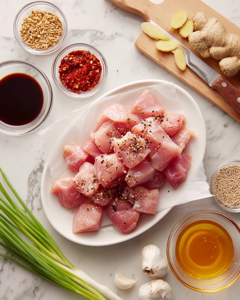 A white oval plate is filled with multiple pieces of raw, pink chicken, each sprinkled with black pepper; the chicken rests on white parchment paper. Around the plate, there are small clear glass bowls containing red sauce, dark brown sauce, minced garlic, a reddish chili paste, and a light amber liquid. There are also loose garlic cloves, sesame seeds, and sliced fresh ginger on a light wooden cutting board. Green onions and a wooden-handled knife are nearby. The whole scene is set on a white marbled surface. Photo taken with an iphone --ar 4:5 --v 7