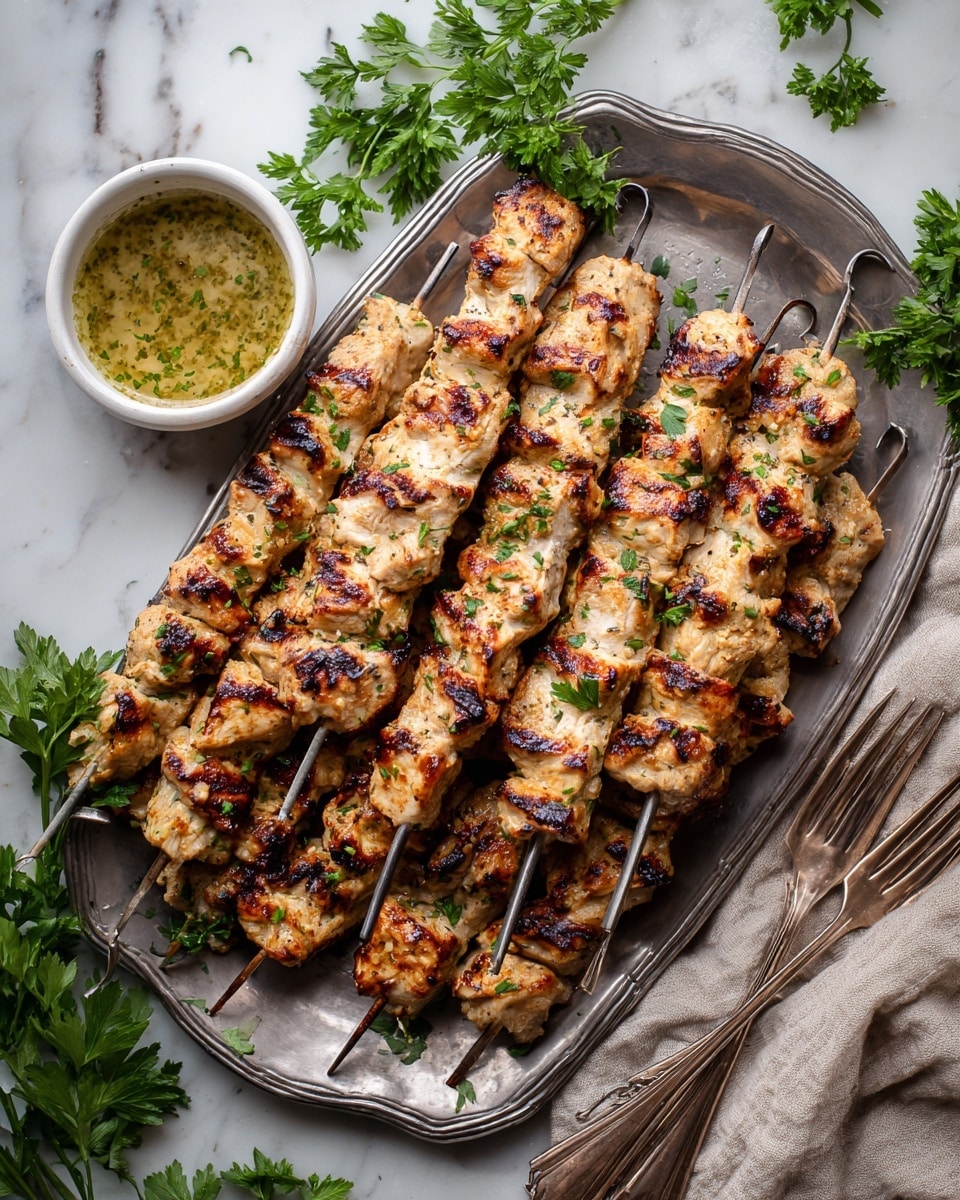 The image shows a metal tray filled with several grilled chicken skewers. The chicken pieces are golden brown with darker charred spots, giving a smoky look. The skewers are layered closely and garnished with small bits of green herbs. In the top left corner of the tray is a small white bowl containing a greenish sauce with a slightly oily texture. Around the tray are sprigs of fresh parsley placed on a white marbled surface. Two silver forks rest near the bottom right corner of the tray, and a beige cloth is partially visible at the lower left. photo taken with an iphone --ar 4:5 --v 7